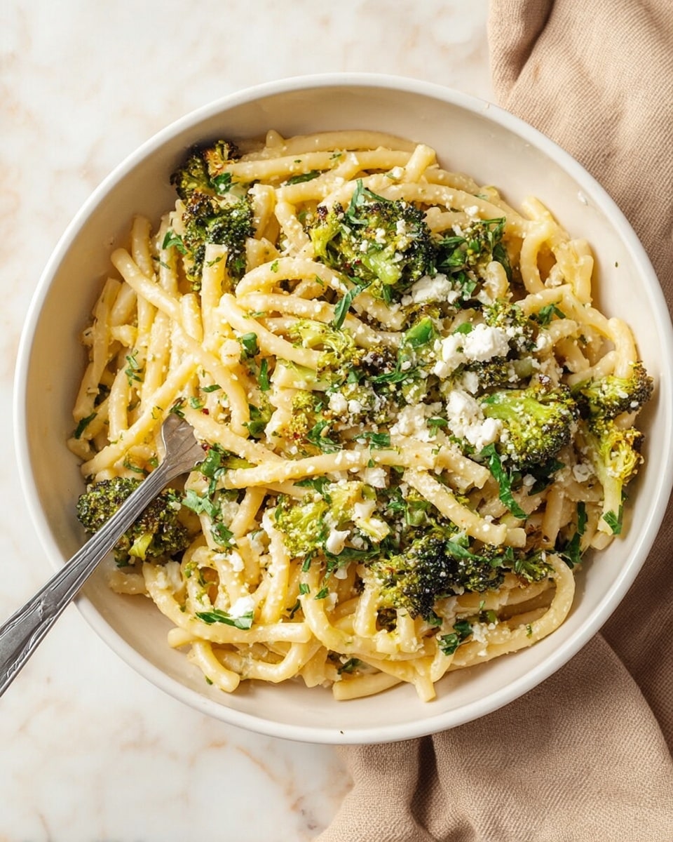 The image shows a round white bowl filled with cooked pasta mixed with small broccoli florets and bits of white cheese. The pasta is light yellow with a soft, slightly shiny texture. The broccoli is green with a roasted look, scattered evenly on top and throughout the pasta. There are small pieces of fresh green herbs spread over the dish. A silver fork rests inside the bowl among the pasta. The bowl sits on a white marbled surface, and there is a beige cloth partially visible at the right edge. photo taken with an iphone --ar 4:5 --v 7