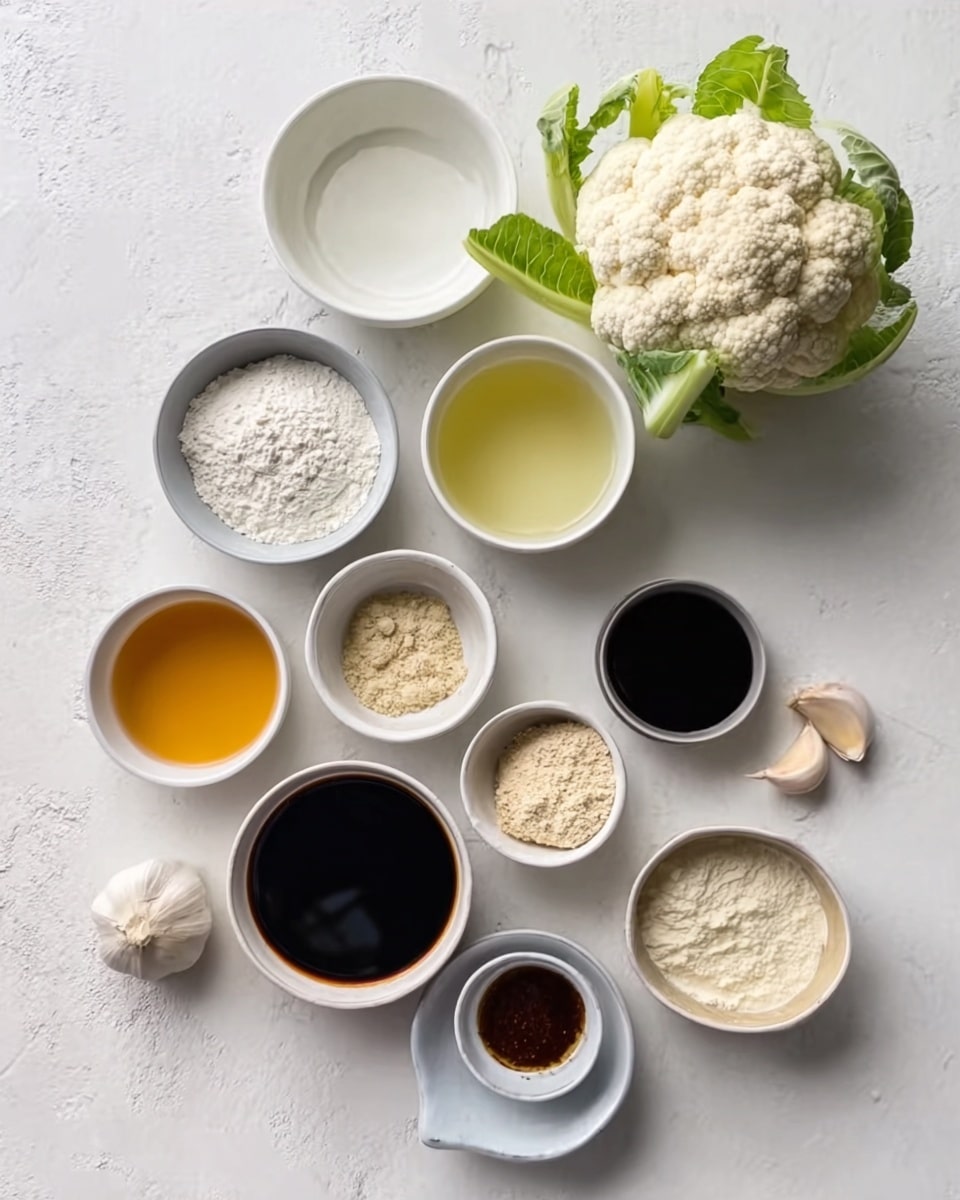 The image shows a top view of several white bowls and dishes arranged neatly on a white marbled surface, each holding different ingredients. In the top right corner, there is a fresh cauliflower with some green leaves still attached. Two garlic cloves sit near the cauliflower. Among the bowls, there is one with white flour, one with a clear liquid, one with a light yellow oil, one with a dark brown sauce, one with a thick dark sauce, and a few others with light-colored powders and pastes. The scene is clean and bright, with ingredients evenly spaced in a visually pleasing layout photo taken with an iphone --ar 4:5 --v 7