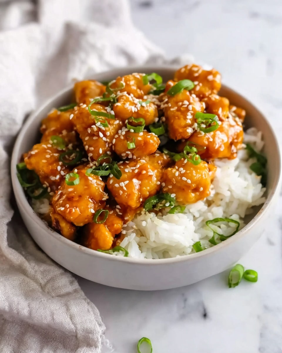 In a white bowl, there are two main layers: the bottom layer is fluffy white rice with a soft texture, and the top layer consists of bite-sized chicken pieces coated in a glossy orange sauce. The chicken is sprinkled with white sesame seeds and thinly sliced green onions, adding a touch of green and texture contrast. The bowl is placed on a white marbled surface with a soft fabric nearby. Photo taken with an iphone --ar 4:5 --v 7