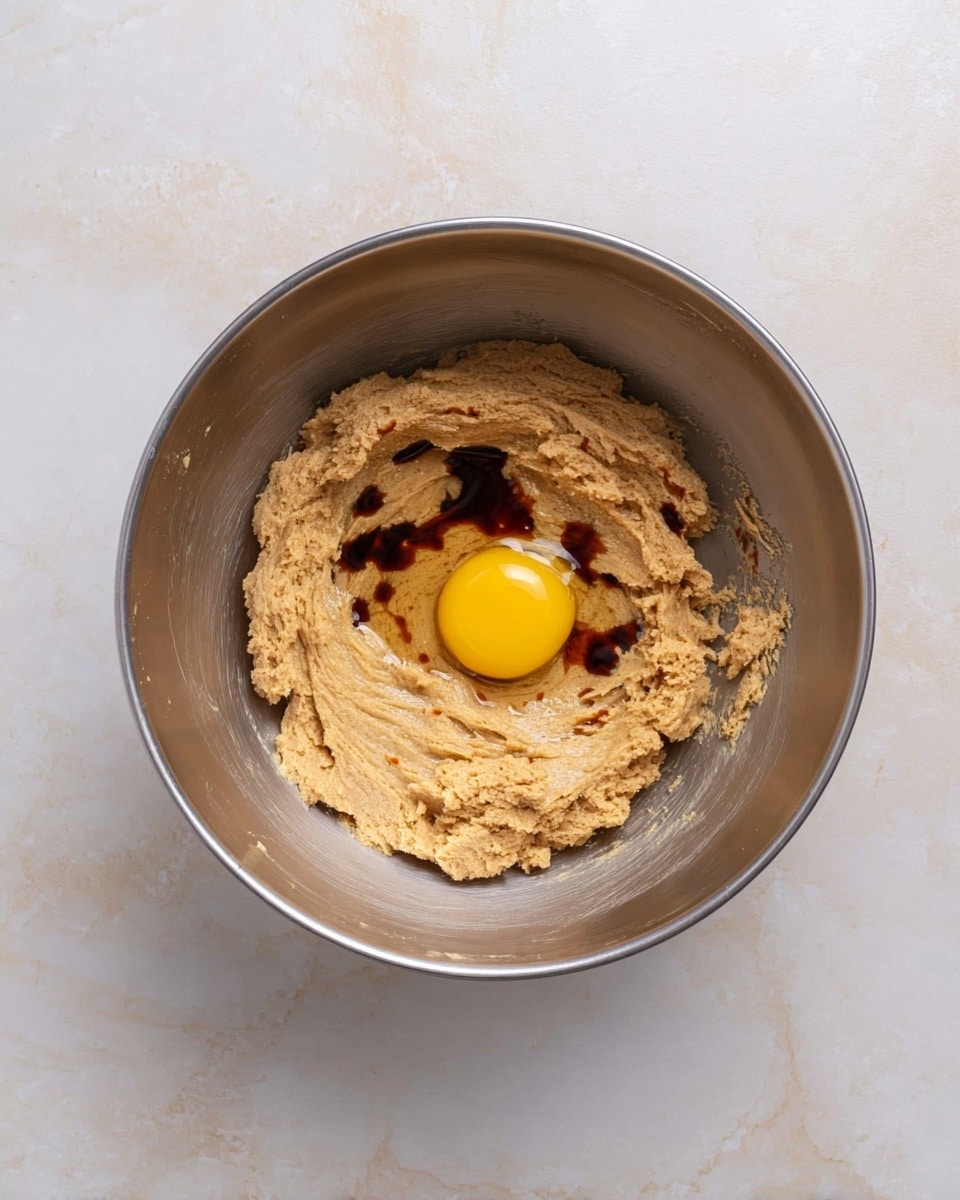 A large round metal bowl sits on a white marbled surface. Inside the bowl, there is a light brown sticky mixture spread around the bottom and sides with a rough texture like soft dough. In the center of the mixture, a raw egg yolk with a bright yellow color rests on top, surrounded by small splashes of dark brown liquid, likely vanilla extract. The bowl has a smooth metallic shine and the light source highlights the uneven surface of the mixture. photo taken with an iphone --ar 4:5 --v 7