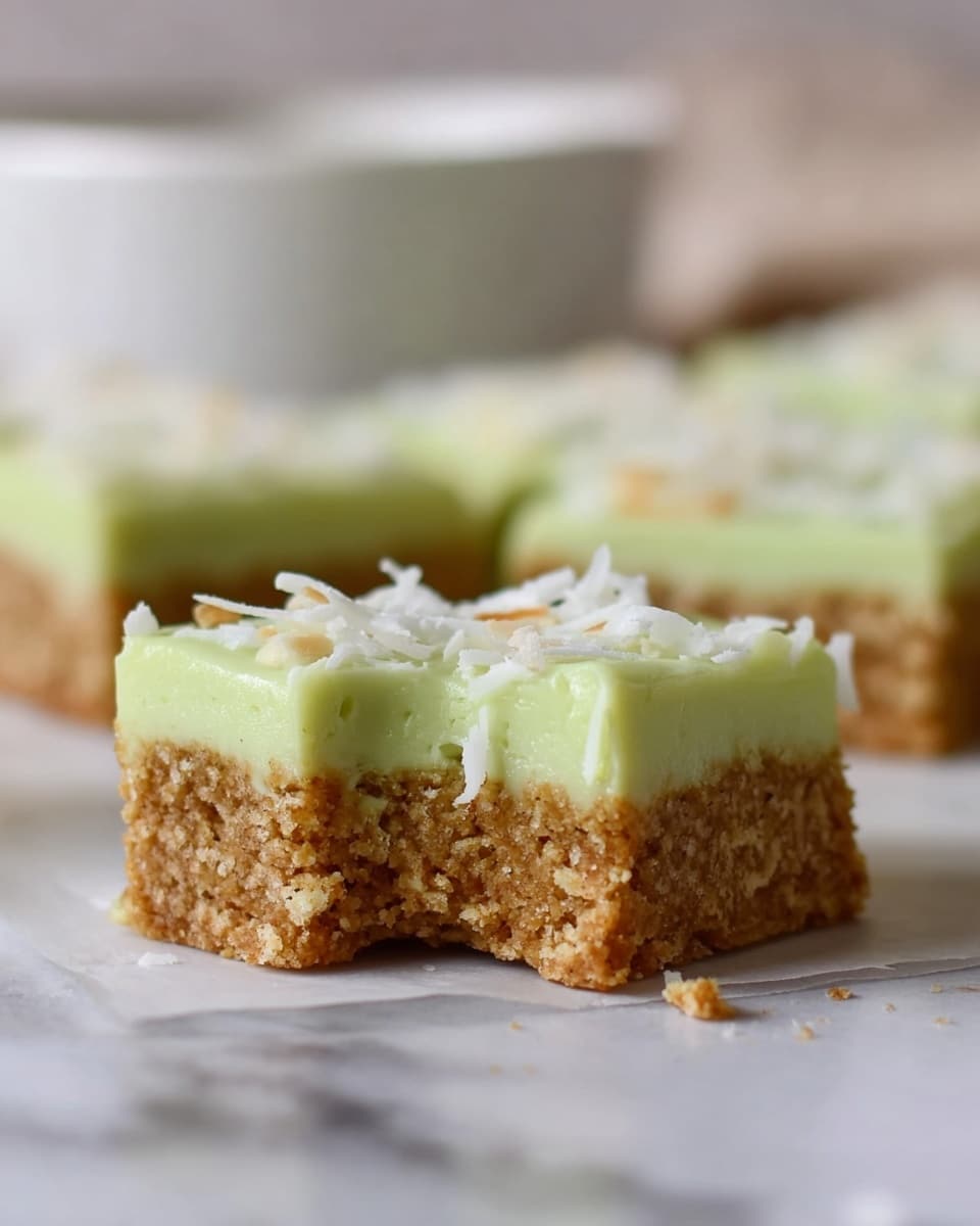 The image shows a close-up of a square dessert bar with two main layers. The bottom layer is thick and crumbly with a golden brown color and a rough texture, indicating a baked cookie or oat base. The top layer is a smooth, creamy light green frosting, adorned with white shredded coconut sprinkled on top. The dessert pieces are placed on a white marbled surface, with a white bowl blurred in the background. One piece has a small bite taken out of it, revealing the texture of the base and frosting. Photo taken with an iphone --ar 4:5 --v 7