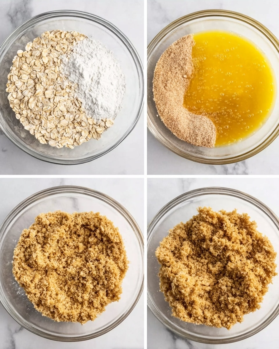 The image shows four stages of mixing ingredients in a clear glass bowl on a white marbled surface. The first stage has three separate layers: light beige rolled oats on the left, white flour on the top right, and brown sugar on the bottom right, each visibly separate and textured. The second stage shows the oats, flour, and brown sugar mixed together evenly into one light beige and brown textured mixture. The third stage adds a shiny yellow layer of melted butter on top of the dry mix, making the mixture look wet and glossy with bubbles. The fourth stage shows the mixture combined into a thick, crumbly, and coarse mass, with clumps visible all over the bowl. Photo taken with an iphone --ar 4:5 --v 7