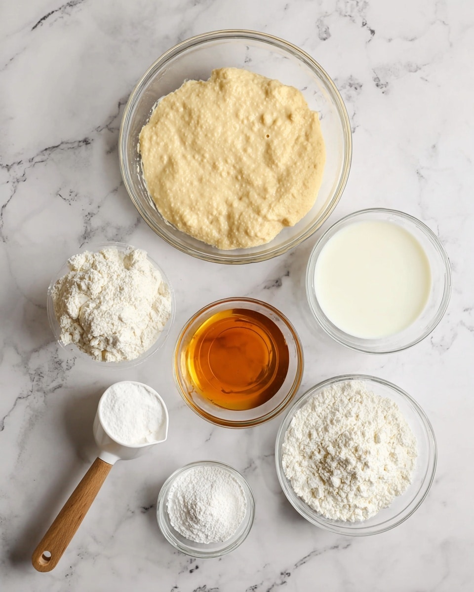 A top-down view shows six clear glass bowls and a white measuring cup with a wooden handle arranged on a white marbled surface. At the top center is a medium bowl with a thick, beige, bubbly batter. To its right is a smaller bowl filled with golden amber liquid. Below to the right is a medium bowl with white milk. To the left of the milk is a small bowl with fine white powder, and below it another small bowl with white powder, likely baking powder or similar. On the left side is a white measuring cup with a wooden handle filled with white flour. The overall scene is bright and neatly arranged. Photo taken with an iphone --ar 4:5 --v 7