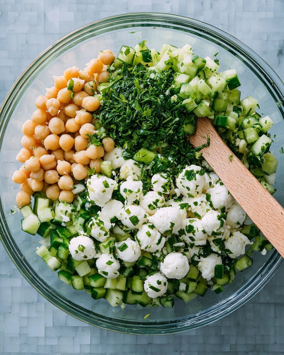 In a clear glass bowl, there is a fresh salad made of several layers. The bottom layer is small pale yellow chickpeas in the center. Surrounding the chickpeas is a layer of chopped green cucumber with a rough texture. On the right side of the bowl, there is a large amount of small white soft cheese balls, some sprinkled with chopped green herbs. On the left and upper sides, there are finely chopped dark and light green herbs mixed with cucumber. A wooden spoon is resting diagonally in the bowl, stirring the salad. The bowl is placed on a smooth white marbled surface. photo taken with an iphone --ar 4:5 --v 7