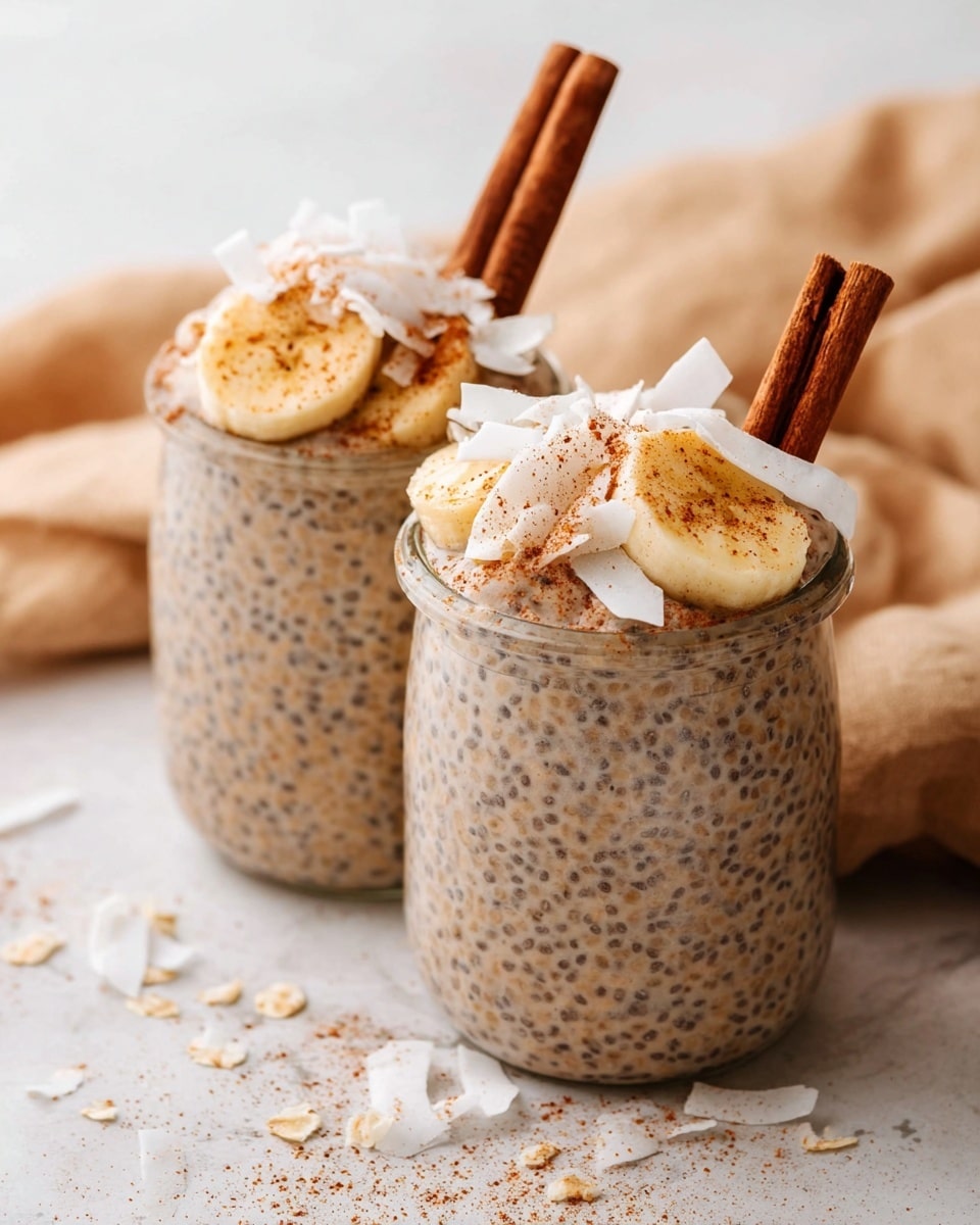 Two clear glass jars are filled with a creamy light brown chia pudding, speckled with tiny dark chia seeds throughout the mixture. Each jar is topped with large white coconut flakes scattered unevenly on the surface, plus light beige banana slices placed near the center, sprinkled lightly with brown cinnamon powder. A medium brown cinnamon stick is inserted upright into each jar, leaning slightly to the side. The jars are placed on a white marbled surface with some scattered coconut flakes and chia seeds around them. A soft light tan fabric forms a slightly blurred background behind the jars. Photo taken with an iphone --ar 4:5 --v 7