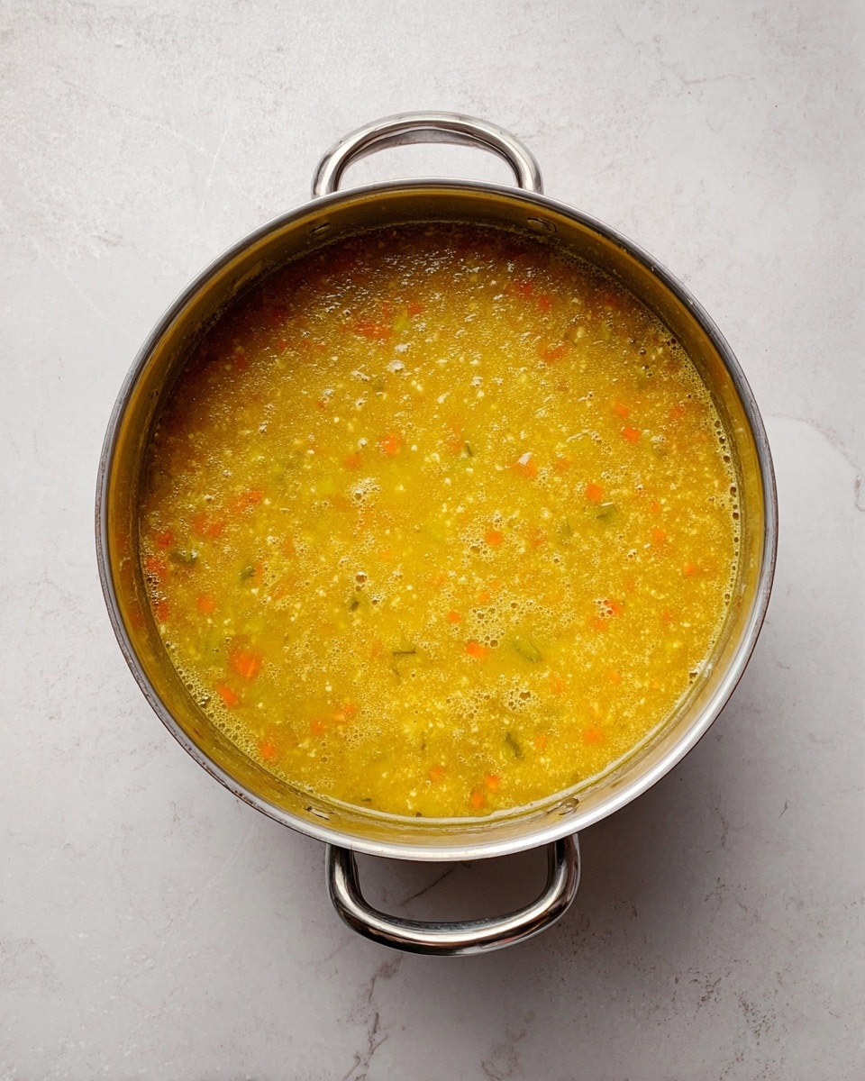 A round silver pot with two handles is filled with a thick yellow soup that has a slightly grainy texture and some small visible bits of orange and green vegetables. The soup surface shows tiny bubbles and a light froth around the edges, suggesting it is hot and simmering. The pot sits on a white marbled surface that contrasts with the warm color of the soup. photo taken with an iphone --ar 4:5 --v 7