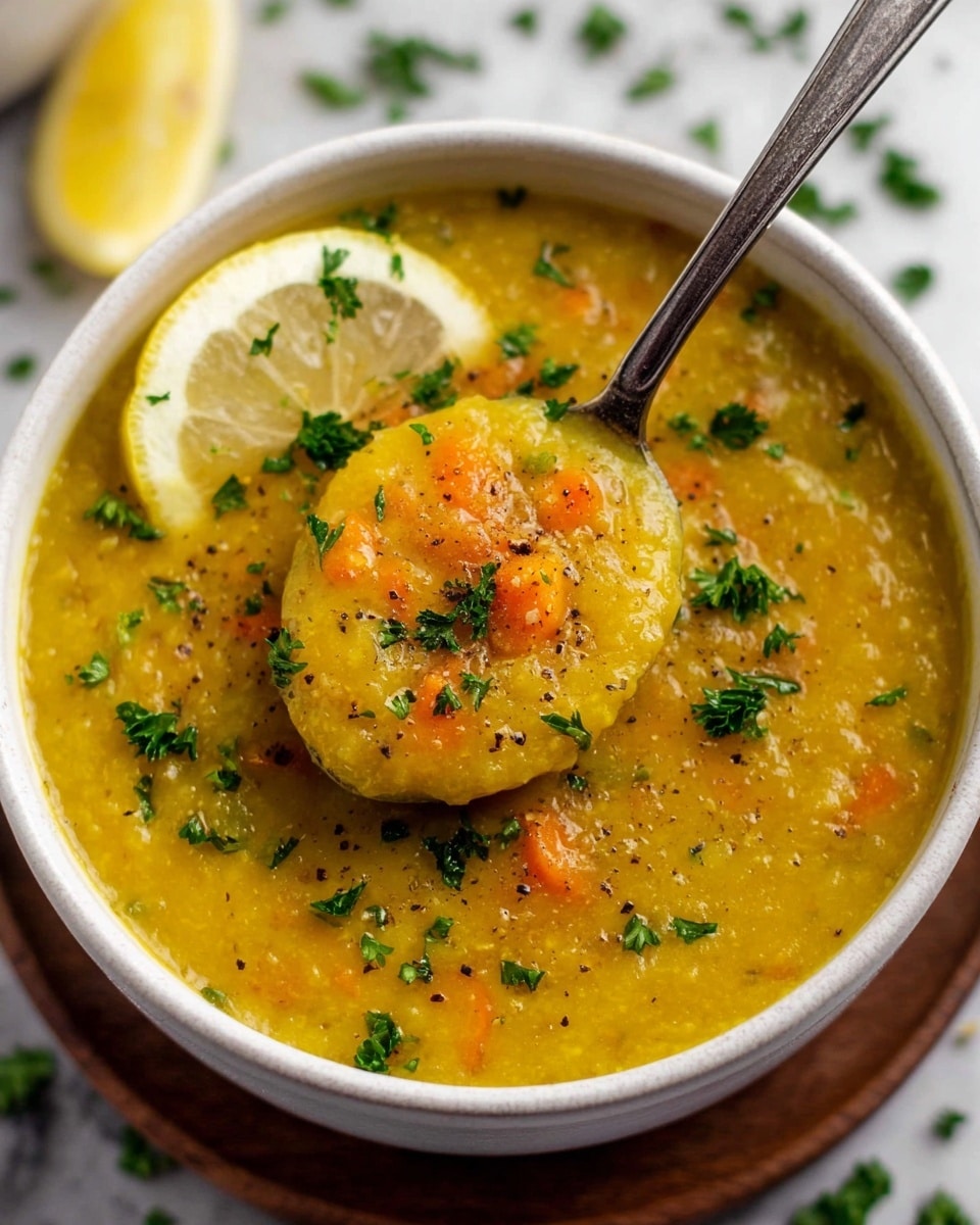 The image shows a bowl filled with thick yellow soup that has a slightly chunky texture, visible bits of orange carrot, and small specks of black pepper scattered on top. The soup is garnished with fresh green parsley sprinkled evenly all over and features a lemon wedge resting on one side inside the bowl. A metal spoon scoops some of the soup, holding a textured mix of the yellow base and carrot pieces. The bowl is white and sits on a white marbled surface with some scattered parsley pieces around for extra detail. Photo taken with an iphone --ar 4:5 --v 7