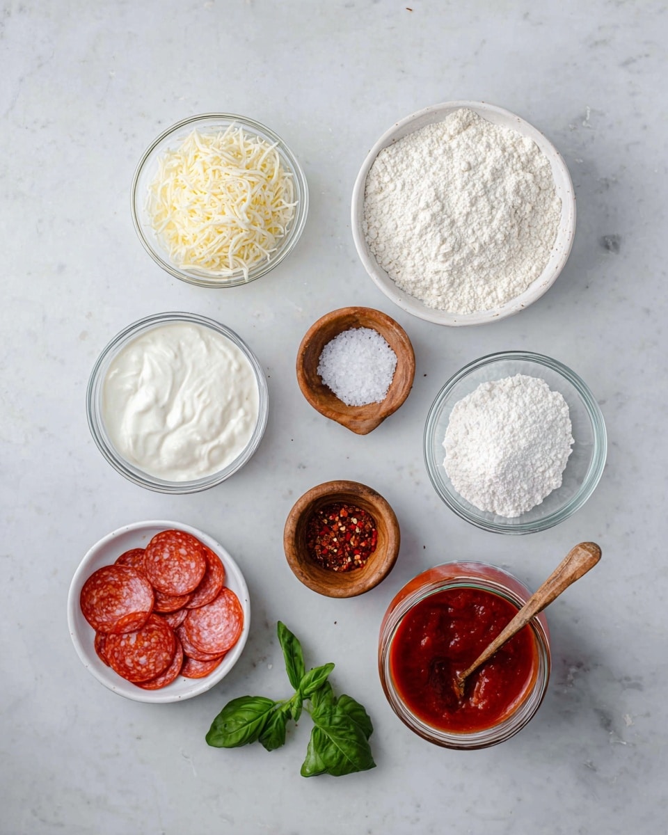 The image shows a white marbled surface with small clear glass bowls and white bowls arranged neatly. From top left, there is a bowl with shredded cheese, next to it a bigger bowl filled with white flour. Below these, there is a bowl of white creamy mixture and a small wooden bowl with white salt beside it. At the bottom left, a white bowl holds round slices of red pepperoni, and nearby a small wooden bowl contains red chili flakes. Next to these is a clear bowl of red tomato sauce. To the right are a small clear bowl with baking powder, a glass jar of reddish-brown sauce with a wooden spoon inside, and fresh green basil leaves on the surface. photo taken with an iphone --ar 4:5 --v 7