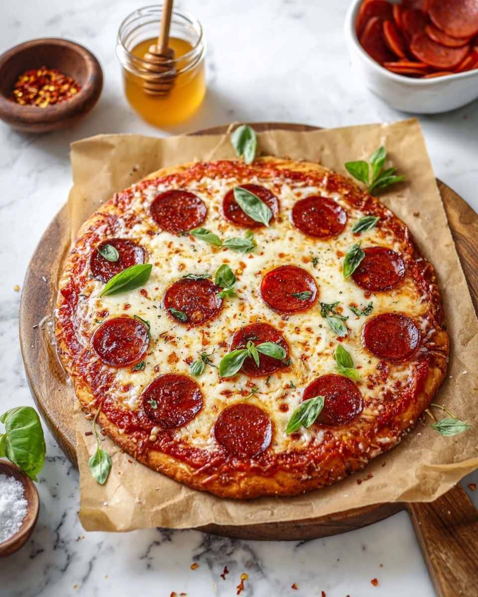 A round pizza with a golden brown crust on a piece of brown parchment paper, placed on a wooden board over a white marbled surface. The pizza has a base layer of bright red tomato sauce, topped with a thick, bubbly layer of melted creamy white cheese. On top, there are evenly spaced round pepperoni slices in a deep reddish-brown color, and fresh bright green basil leaves scattered across. Around the pizza, there is a small wooden bowl filled with red chili flakes, a jar with a honey dipper covered in golden honey, and a white bowl partially filled with more pepperoni slices. Photo taken with an iphone --ar 4:5 --v 7