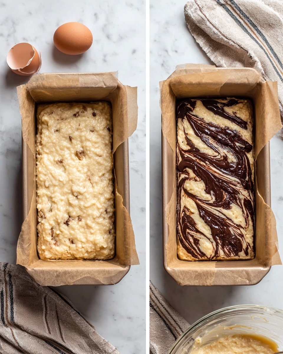 The image shows two stages of a loaf pan lined with parchment paper on a white marbled surface. On the left, the loaf pan is filled with a pale yellow batter that looks thick and lumpy with some small darker bits, resembling banana or nut pieces. At the top left corner, there are two cracked brown eggshells and a folded beige cloth with dark stripes. On the right, the same pale yellow batter is visible but now has dark brown chocolate swirls unevenly spread across the top in a marbled pattern. The same eggshells and cloth are in the same position. A glass bowl with more batter is partially visible at the bottom right corner. Photo taken with an iphone --ar 4:5 --v 7