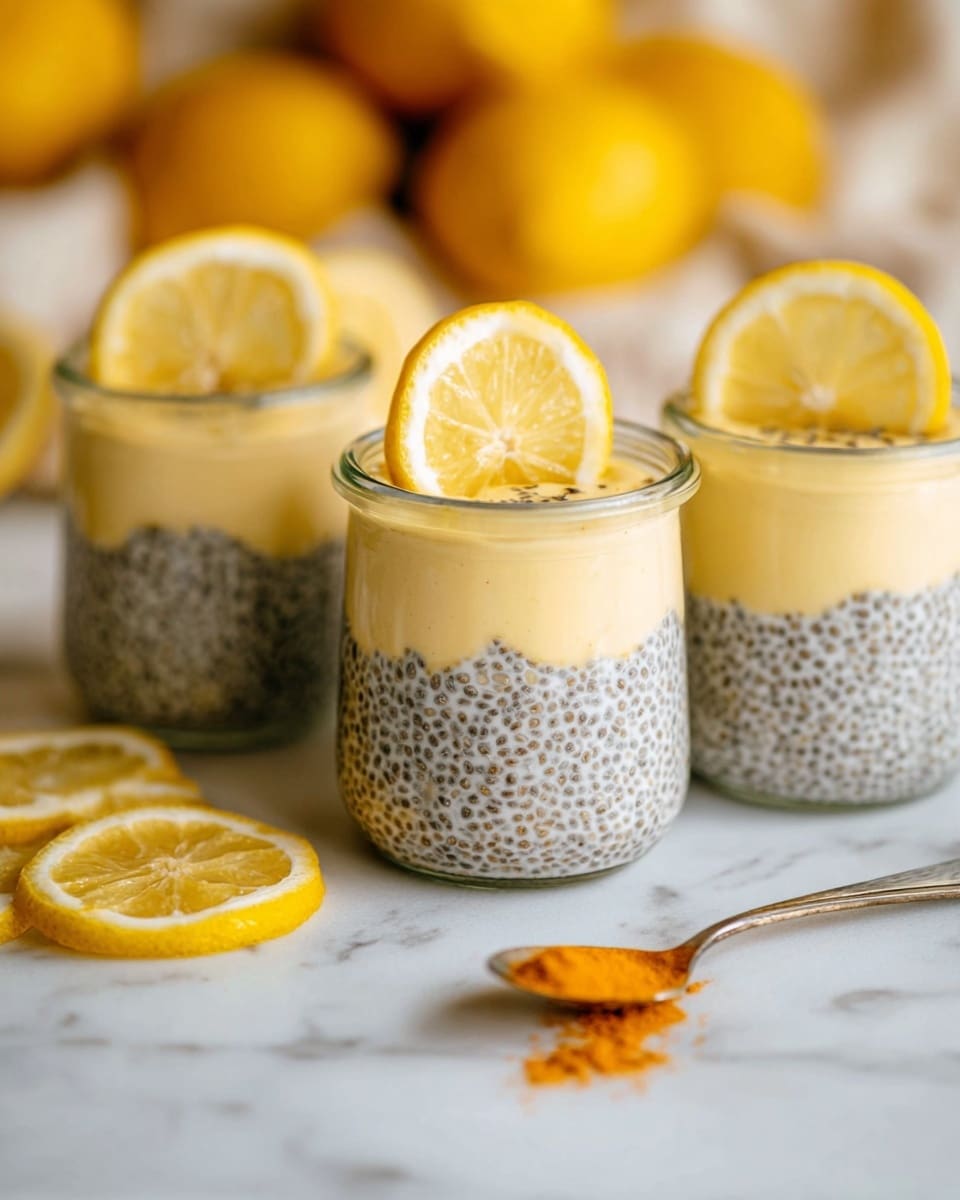 Three small clear glass jars filled with two layers are shown on a white marbled surface. The bottom layer is a dense, speckled texture made of chia seeds soaked in a white liquid. The top layer is smooth and creamy with a pale yellow color, like lemon mousse or custard. Each jar is topped with a thin round slice of lemon standing upright on the creamy layer. Around the jars, there are several lemon slices placed flat and a spoon with some orange powder on it. The background is softly blurred with more lemons visible. photo taken with an iphone --ar 4:5 --v 7