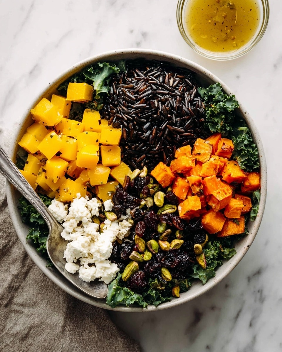 A round bowl filled with five sections of food arranged on a bed of dark green leafy kale. Starting from the top left, there are cubes of bright yellow roasted squash, followed by a mound of dark wild rice on the top right. Below the rice, there are small cubes of bright orange roasted sweet potatoes. In the lower center section, dark brown raisins mix with green pistachios. To the left of these, creamy white crumbled cheese sits on the kale. A silver spoon rests inside the bowl on the left side. The bowl is placed on a white marbled surface, with a small clear glass bowl of golden dressing visible above it. Photo taken with an iphone --ar 4:5 --v 7