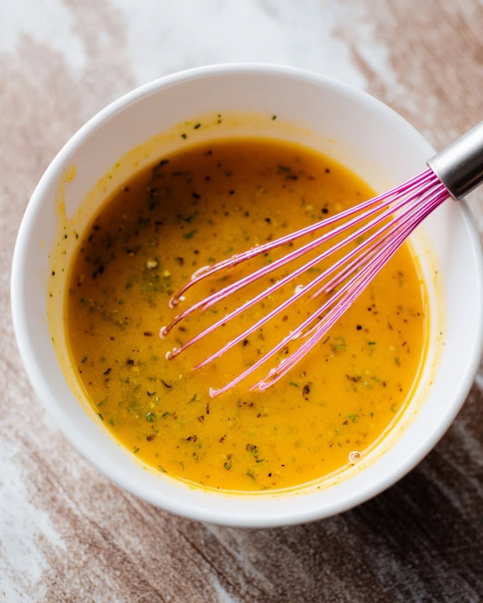 A white bowl filled with a yellow-orange sauce that has small green and black herb specks mixed throughout, creating a textured appearance. A pink whisk with a silver handle is resting inside the bowl, partially dipped into the sauce. The bowl is placed on a white marbled surface, and there are some light sauce splashes visible around the inside edges of the bowl. Photo taken with an iphone --ar 4:5 --v 7