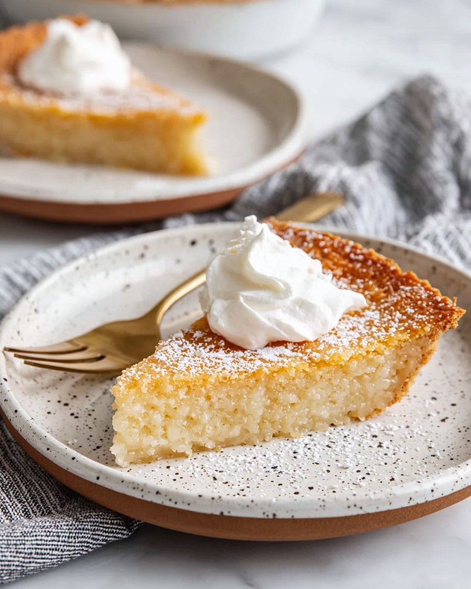 A single slice of golden brown pie with a rough textured crust sits at the center of a white speckled plate with a thin brown rim, topped with a dollop of smooth white whipped cream and a light dusting of powdered sugar. The pie slice shows two visible layers: a moist, dense cream-colored base and a firmer, slightly darker golden crust on top. A gold fork lies next to the slice, ready to cut in. The background features another white speckled plate with a similar pie slice and a white marbled surface, with a gray striped cloth softly folded nearby. photo taken with an iphone --ar 4:5 --v 7