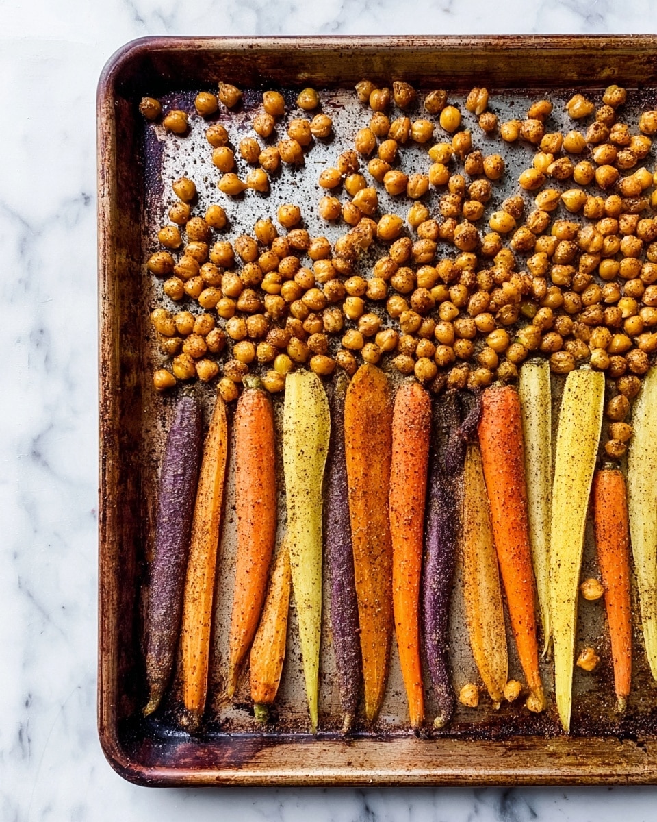 A rusty metal baking tray holds a single layer of seasoned vegetables and chickpeas arranged in rows. The bottom half of the tray is filled with colorful baby carrots in various shades of orange, purple, and pale yellow, each coated with dark spices giving them a slightly rough texture. The top half of the tray is covered with golden-brown chickpeas also seasoned with the same spices, scattered loosely but mostly filling the upper area. The tray rests on a white marbled surface that contrasts with the warm colors of the vegetables and chickpeas. photo taken with an iphone --ar 4:5 --v 7