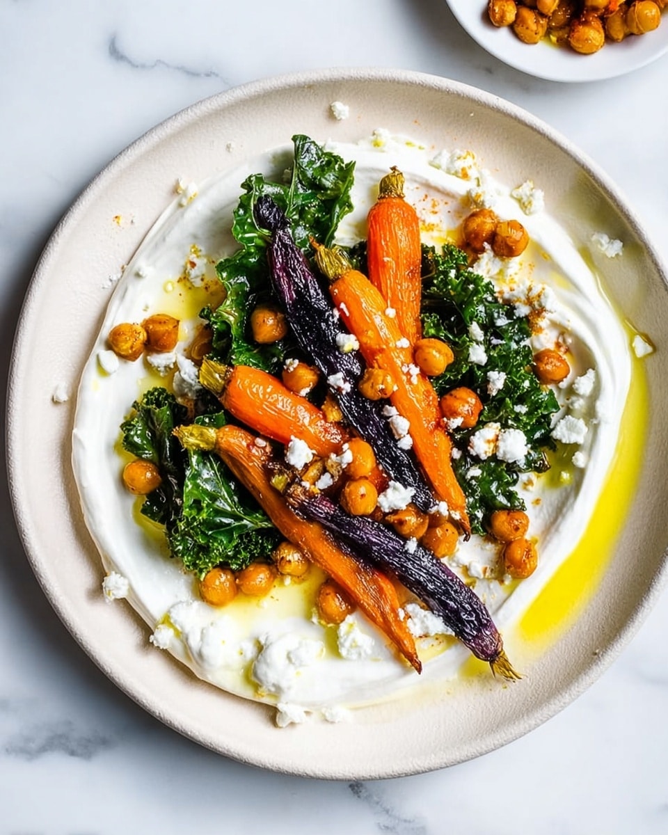 The dish is arranged on a white plate with a swirl of thick, creamy white yogurt as the base layer covering most of the plate's surface. On top, there are roasted carrots in orange and deep purple colors, placed in a small pile slightly off-center. Scattered around and on top of the carrots are golden roasted chickpeas with a slightly rough texture. Bright green kale leaves add a fresh, leafy contrast, some of which appear crispy. The dish is sprinkled with small white crumbles of cheese. A light drizzle of yellow oil adds shine, and the background is a white marbled surface. photo taken with an iphone --ar 4:5 --v 7