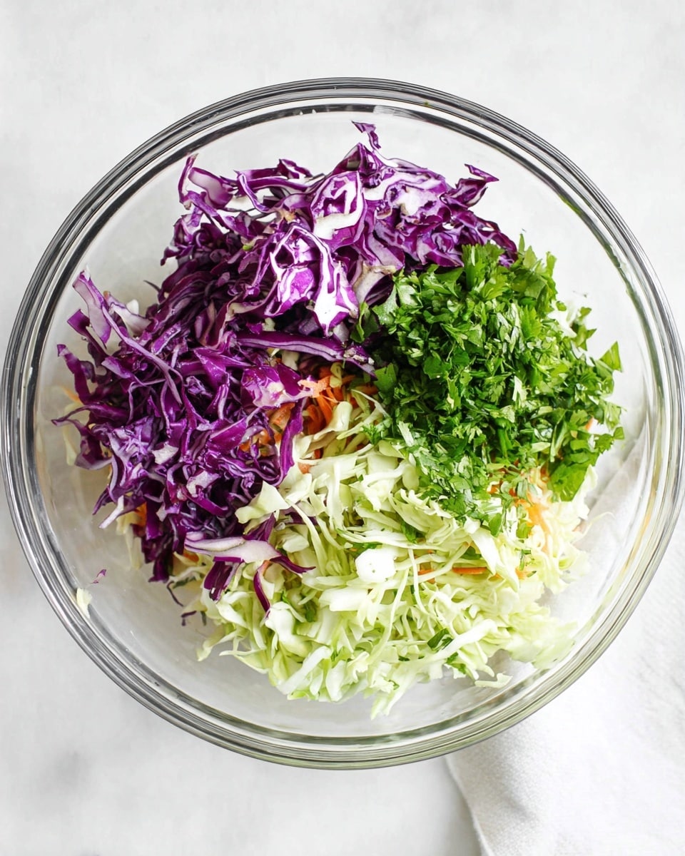 A clear glass bowl holds three layers of fresh salad ingredients on a white marbled surface. The bottom right layer is light green and white shredded cabbage with a bit of orange carrot visible. On the left side, there is a layer of thinly sliced purple cabbage showing its deep violet and white veins. On the top right section, there is a fresh layer of chopped green herbs, likely cilantro or parsley. The three layers are separated but close together, making a colorful and fresh presentation. Photo taken with an iphone --ar 4:5 --v 7