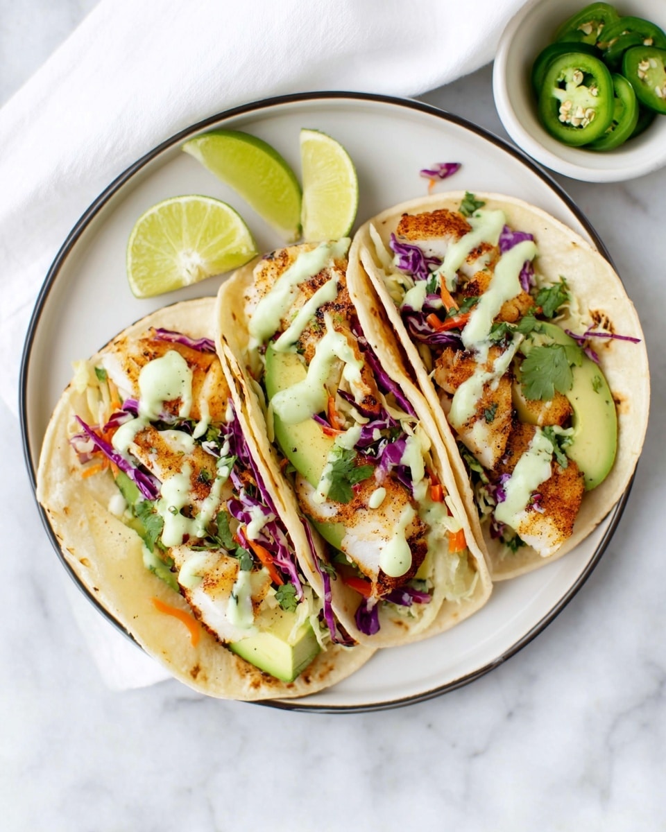 Three tacos are laid out on a white round plate with a thin black edge, set on a white marbled surface. Each taco has a soft, light beige corn tortilla base folded to hold the layers inside. The first layer inside the taco is slices of bright green avocado, followed by pieces of white fish with brown grilled marks. On top of the fish is a mix of shredded purple cabbage and small bits of carrot and cilantro, adding purple, orange, and green colors. Drizzled over everything is a light green creamy sauce. To the side of the plate is a small white bowl filled with sliced green jalapeños and a couple of lime wedges resting partially on the plate. The photo taken with an iphone --ar 4:5 --v 7