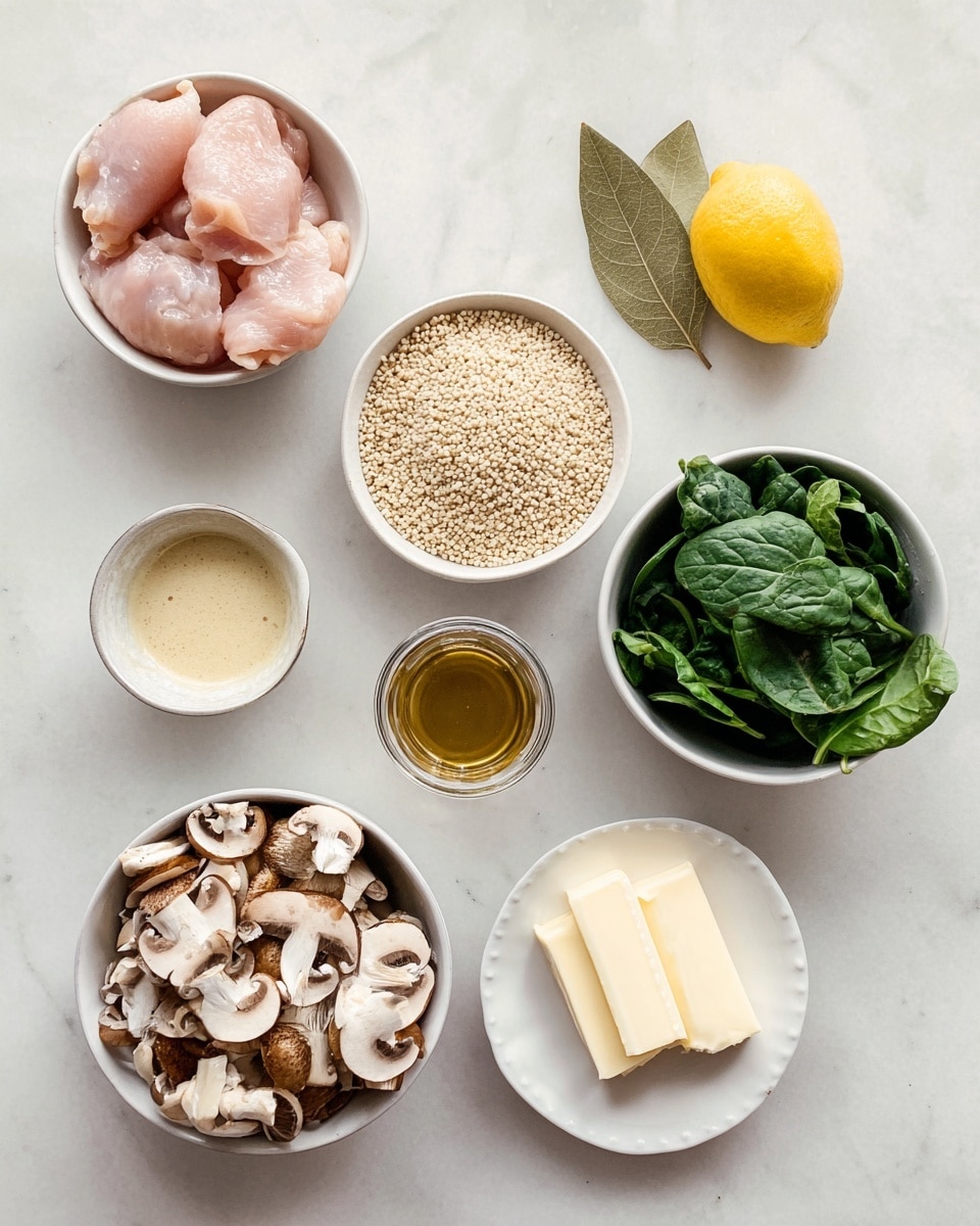 The image shows several small white bowls and containers arranged on a white marbled surface. In the top left, a white bowl holds four pieces of raw pink chicken. Below it, a bowl contains light beige uncooked grains. At the center bottom, there is a bowl filled with sliced brown and white mushrooms. To the right, a small white plate has two sticks of butter, and next to it is a small glass jar of creamy sauce. Above the mushrooms, a small glass cup contains a golden-brown liquid. A yellow lemon is placed to the right of this cup, and a white bowl on the top right holds fresh green spinach leaves. Near the grains, there is a single bay leaf. photo taken with an iphone --ar 4:5 --v 7