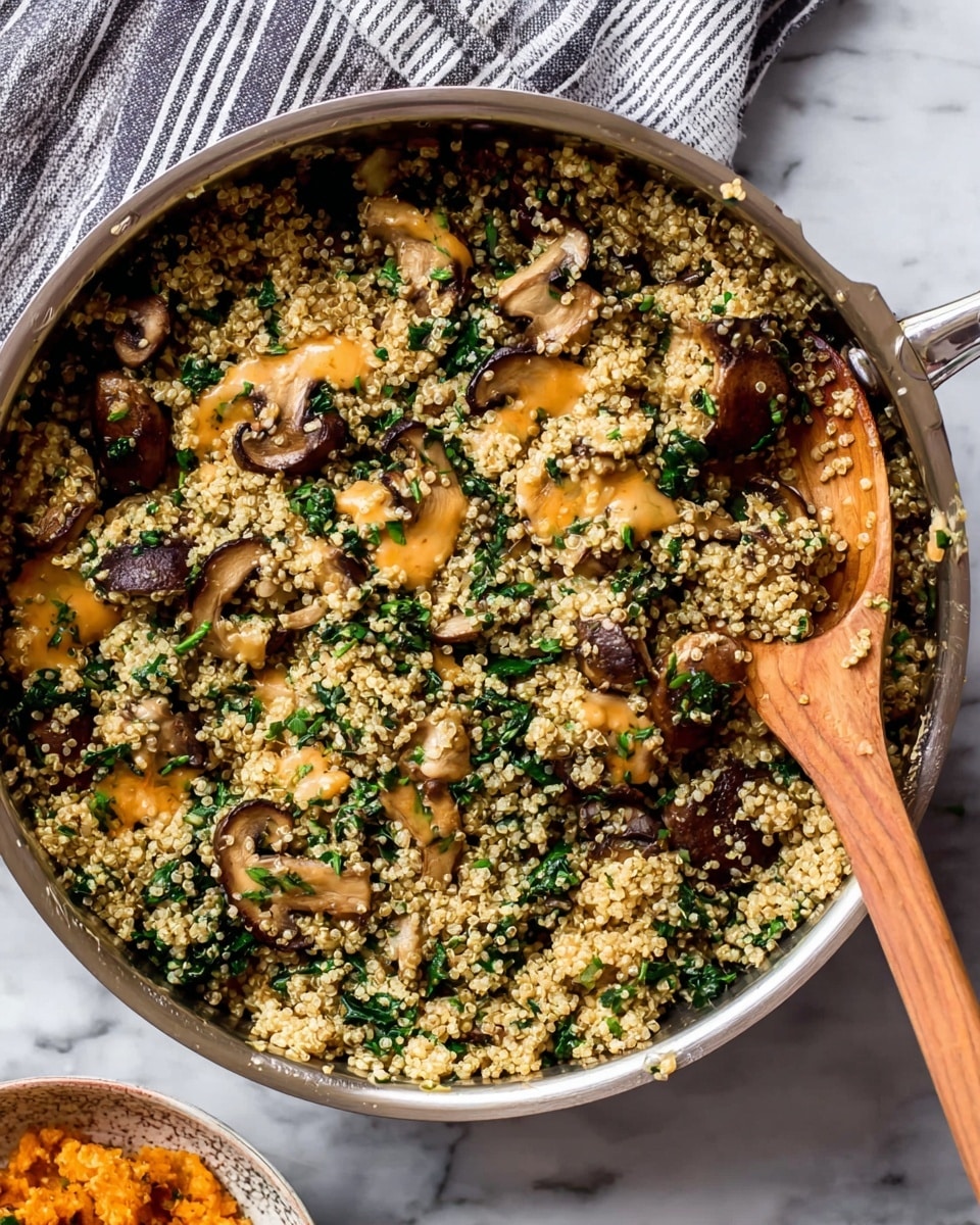 A round metal pan filled with a mix of cooked quinoa, dark brown sliced mushrooms, and green leafy spinach all combined evenly. Scattered throughout the dish are small chunks of melted, creamy orange cheese. A wooden spoon rests inside the pan, scooping up a portion of the food. The pan is placed on a white marbled surface with a striped gray and white cloth visible to the side. At the bottom edge of the image, part of a bowl with faint orange food is partly visible. Photo taken with an iphone --ar 4:5 --v 7