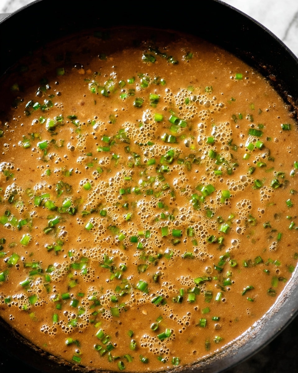 A close-up of a thick sauce bubbling in a deep black pan, the sauce is light brown in color with a textured surface showing small bubbles rising. It is sprinkled evenly with small pieces of bright green chopped herbs, likely green onions, spread across the entire visible area. The sauce has a smooth but slightly grainy texture, and the black pan edges frame the sauce on two sides without any other objects in view. The setting is against a white marbled texture surface. photo taken with an iphone --ar 4:5 --v 7