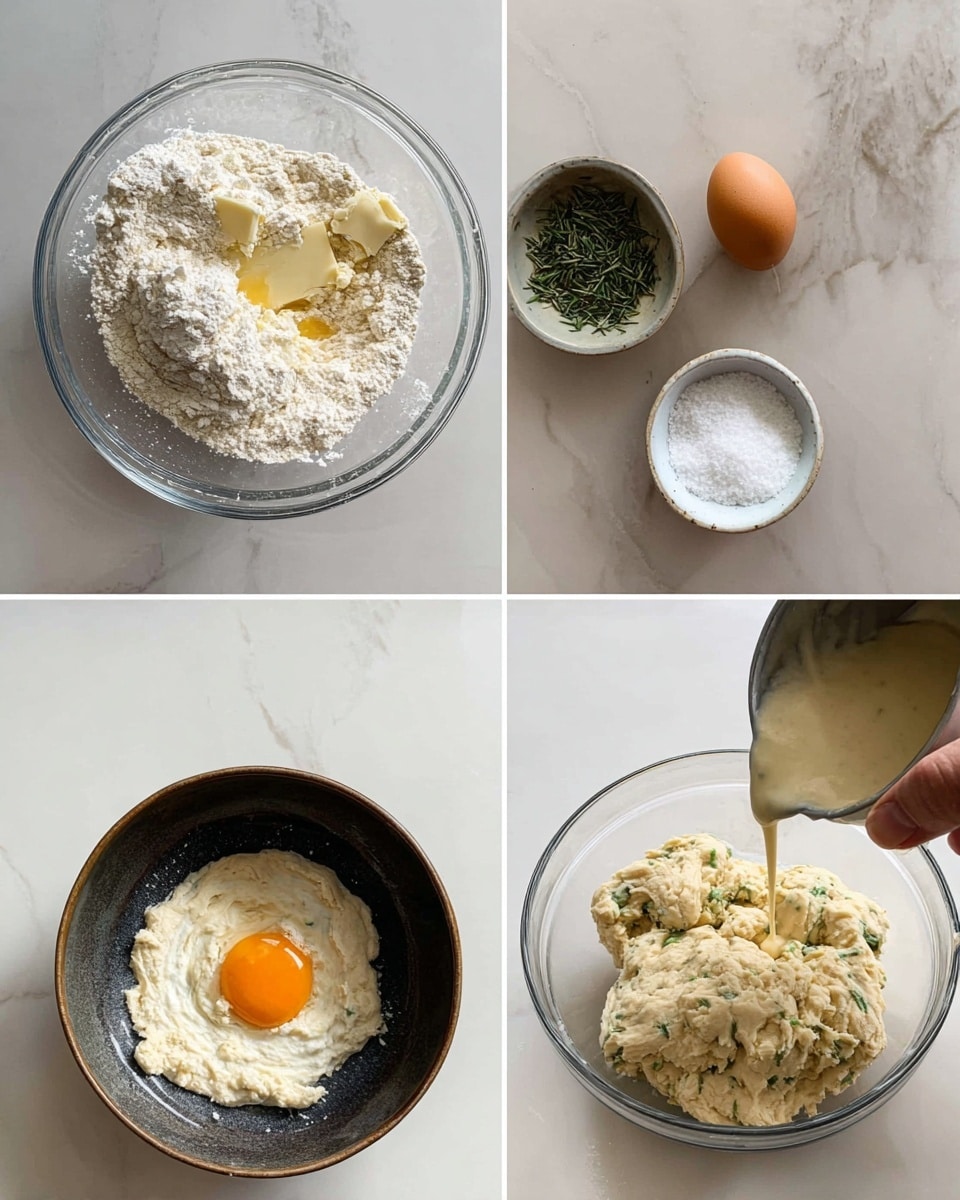 A set of four images showing a dough-making process on a white marbled surface. The first image shows a clear bowl with layers of white flour mixed with butter pieces, a brown egg, green dried herbs in a small white bowl, and a metal bowl of salt nearby. The second image is a close-up of a dark bowl holding a white creamy mixture with an orange egg yolk on top, with a silver fork resting inside. The third image captures the hand of a woman pouring the creamy egg mixture from the dark bowl into the center of the white flour in the clear bowl. The last image shows the formed dough in the clear bowl, light beige with green flecks, clumped together and ready to be kneaded. photo taken with an iphone --ar 4:5 --v 7