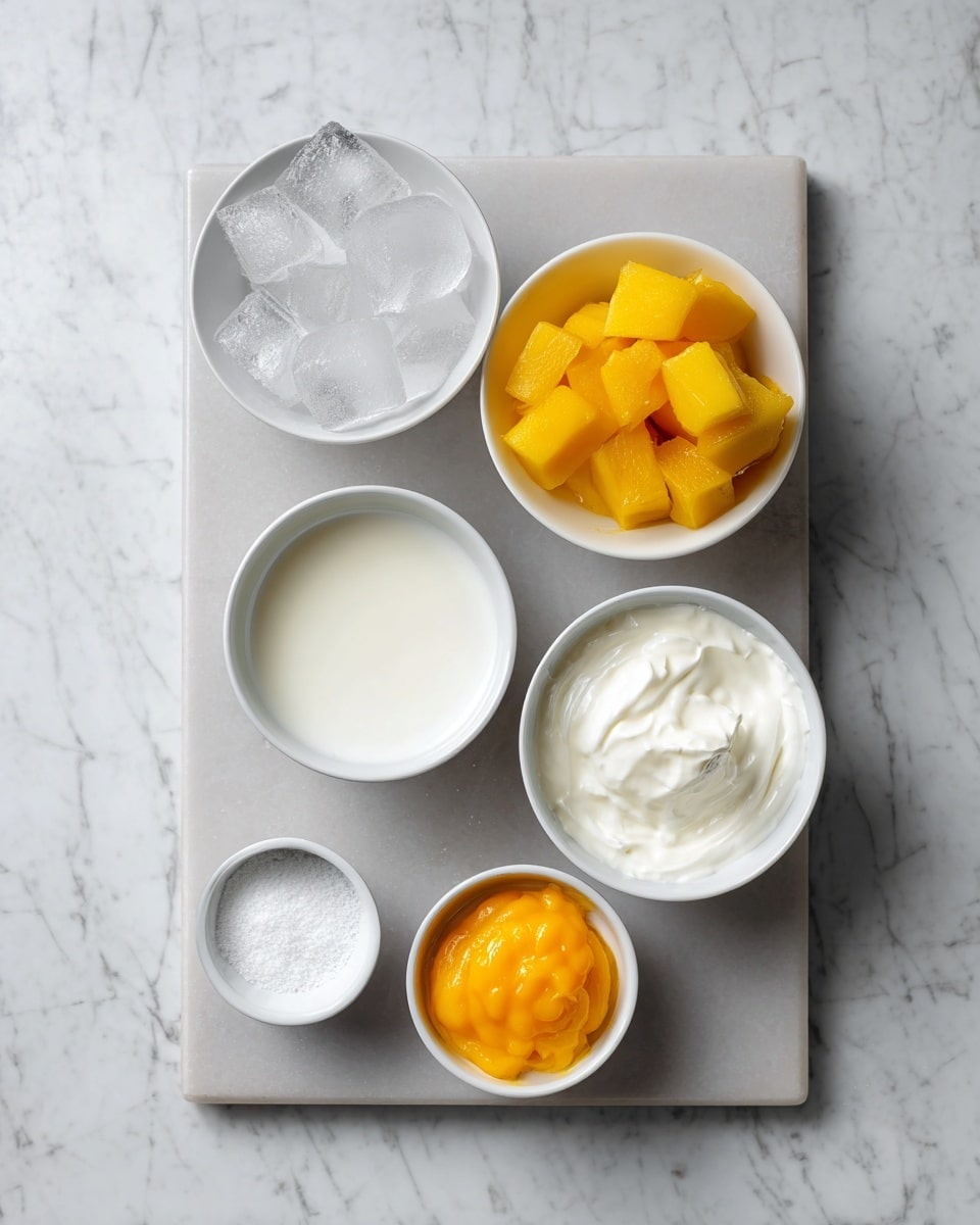 The image shows six white bowls arranged on a light gray rectangular board placed on a white marbled surface. At the top left, there is a bowl with clear ice cubes. To the right, a bowl holds bright yellow and orange fruit pieces with soft texture. Below the ice cubes, a bowl contains a smooth white liquid. Next to it on the right, a bowl has thick white cream with some texture on top. Below these bowls, there is a small bowl with bright orange puree, smooth and thick, and at the bottom left, a bowl contains fine white granulated sugar. The overall look is clean and bright. photo taken with an iphone --ar 4:5 --v 7