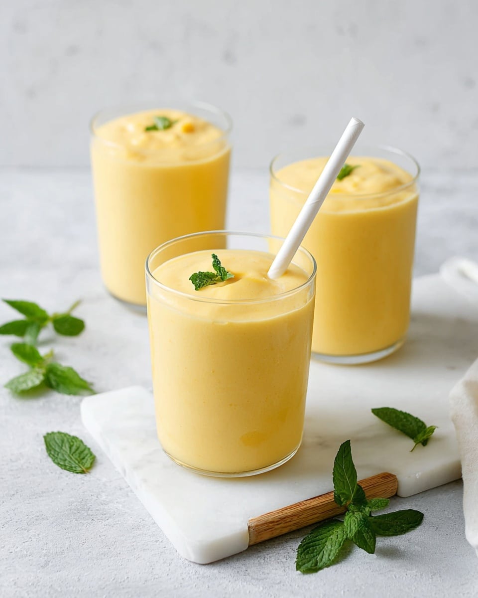 Three clear glasses filled with thick, smooth, pale yellow mango smoothie are arranged on a white marbled surface. The glass in the front is centered on a white marble cutting board with a wooden handle, with a white straw angled out of the smoothie and small green mint leaves placed on top. Behind it, two similar glasses stand; one is slightly to the left and the other more to the right, all evenly filled to the rim. Scattered fresh mint leaves surround the glasses, adding touches of bright green color to the clean and light setting. Photo taken with an iphone --ar 4:5 --v 7
