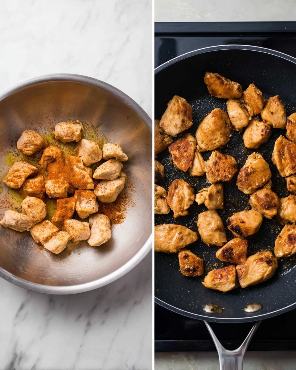 There are two side-by-side images showing the cooking process of small chicken pieces. On the left, raw chicken chunks are in a round metal bowl placed on a white marbled surface, sprinkled with orange and brown spices giving them a slightly dusty look. On the right, the cooked chicken pieces are in a black frying pan on a stove, showing a golden-brown color with some darker seared spots, each piece evenly spaced from one another. Photo taken with an iphone --ar 4:5 --v 7