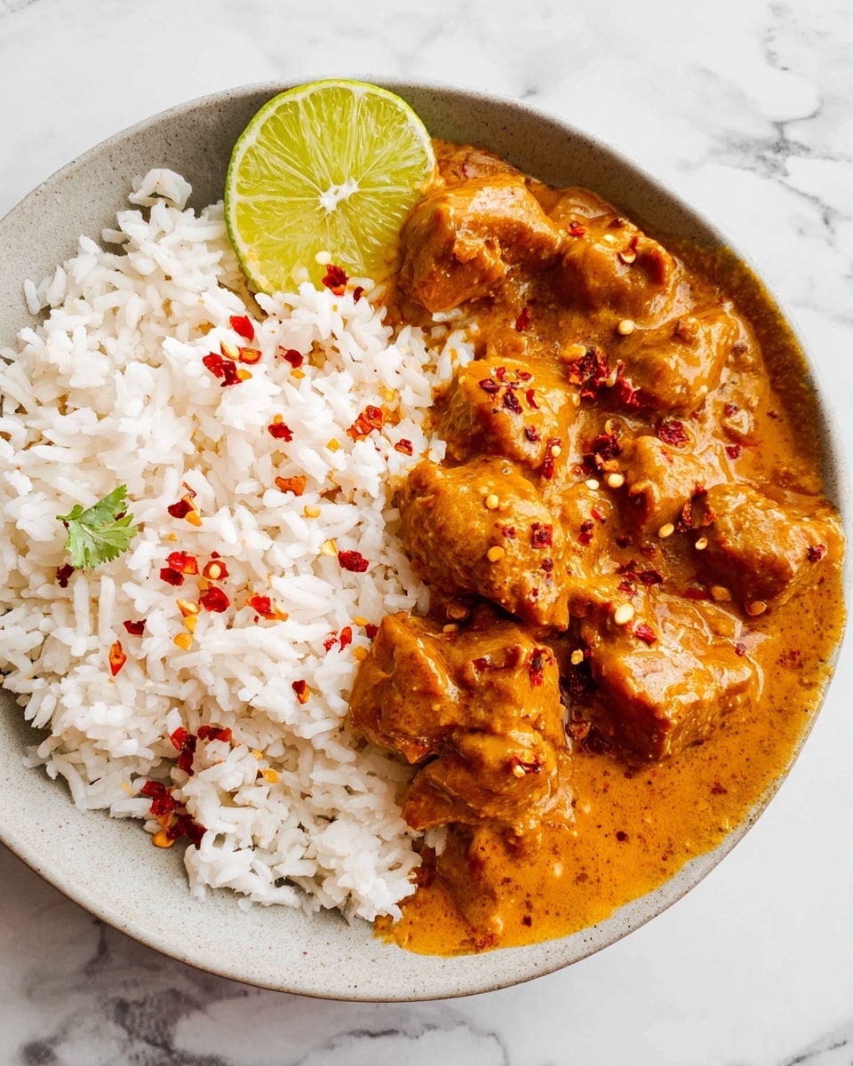 The image shows a white plate with two main layers: on the left side, a layer of white rice with small grains, and on the right side, chunks of meat covered in a thick orange sauce with a smooth texture and sprinkled with small red chili flakes. There is a lime wedge on the top left edge of the rice, with some red chili flakes on it. The plate is placed on a white marbled surface. Photo taken with an iphone --ar 4:5 --v 7