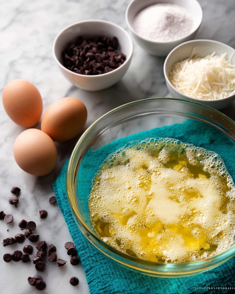 In the image, a clear glass mixing bowl sits in the middle, filled with a yellow and white melted butter mixture with a bubbly texture on top. To the left of the bowl are two whole eggs and some scattered chocolate chips on a white marbled surface. Behind the mixing bowl are three white bowls filled with ingredients: one contains dark chocolate chips, another has light brown sugar, and the third holds shredded white coconut. The bowls are placed on a teal cloth napkin. Photo taken with an iphone --ar 4:5 --v 7