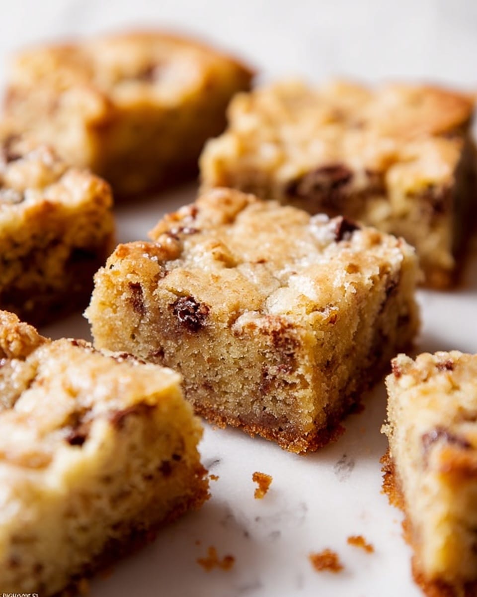 The image shows several square pieces of blondie on a white marbled surface. Each blondie has a golden brown top with a slightly crumbly texture and visible small chunks of dark chocolate inside. The blondie squares have a soft, dense interior with tiny pockets of lighter and darker shades, showing bits of ingredients mixed throughout. The pieces are positioned close to each other but not touching, with some crumbs scattered around. The focus is on the middle blondie piece, making the others softly blurred in the background and foreground. photo taken with an iphone --ar 4:5 --v 7