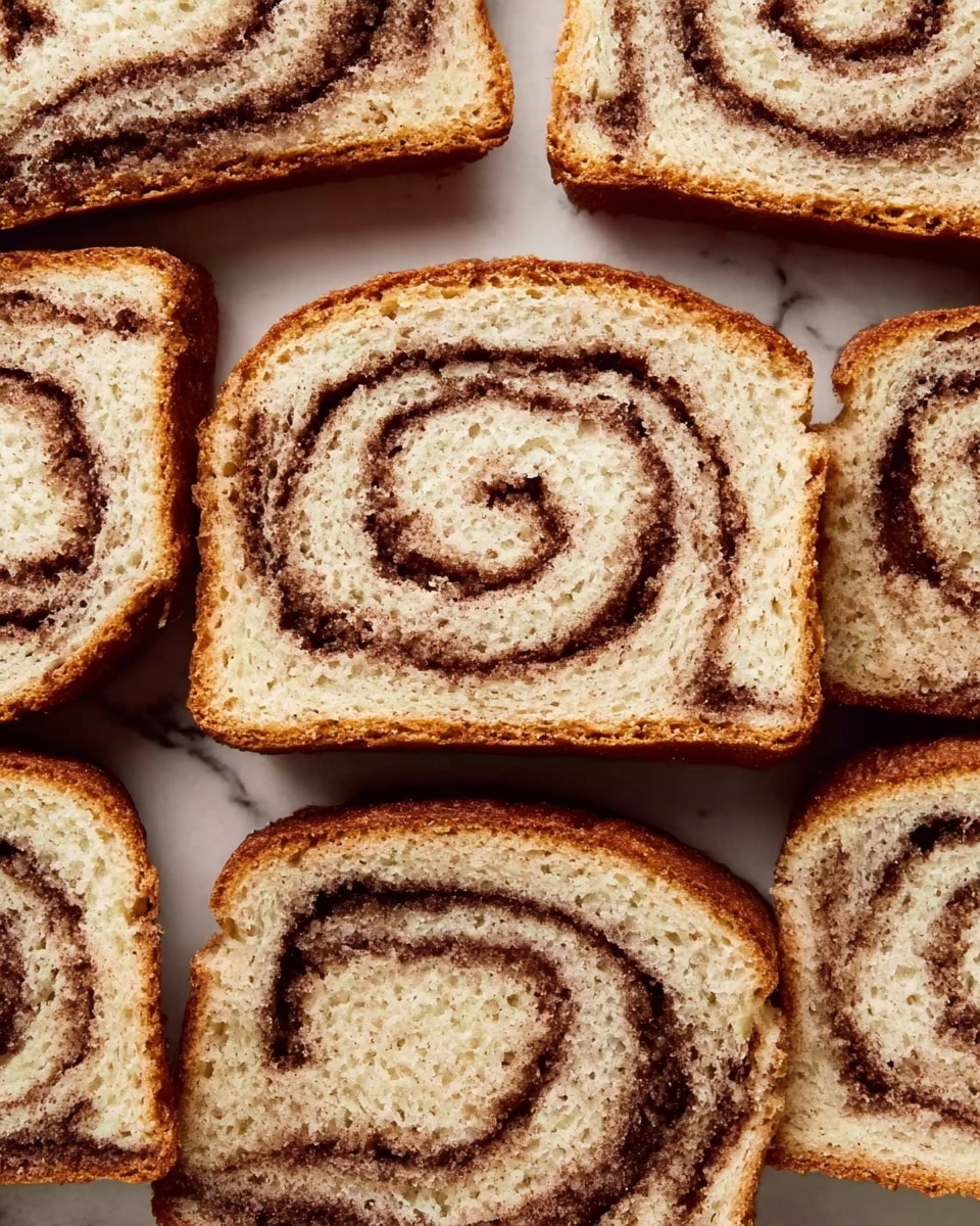 The image shows several slices of swirled cinnamon bread arranged closely together on a white marbled surface. Each slice has two main layers: a light beige, soft bread base with a slightly rough texture and a dark brown cinnamon swirl running in the middle, creating a spiral pattern across the slice. The edges of the bread are golden brown and slightly crispy. Some slices are aligned horizontally, while others are placed vertically, filling the frame evenly. photo taken with an iphone --ar 4:5 --v 7