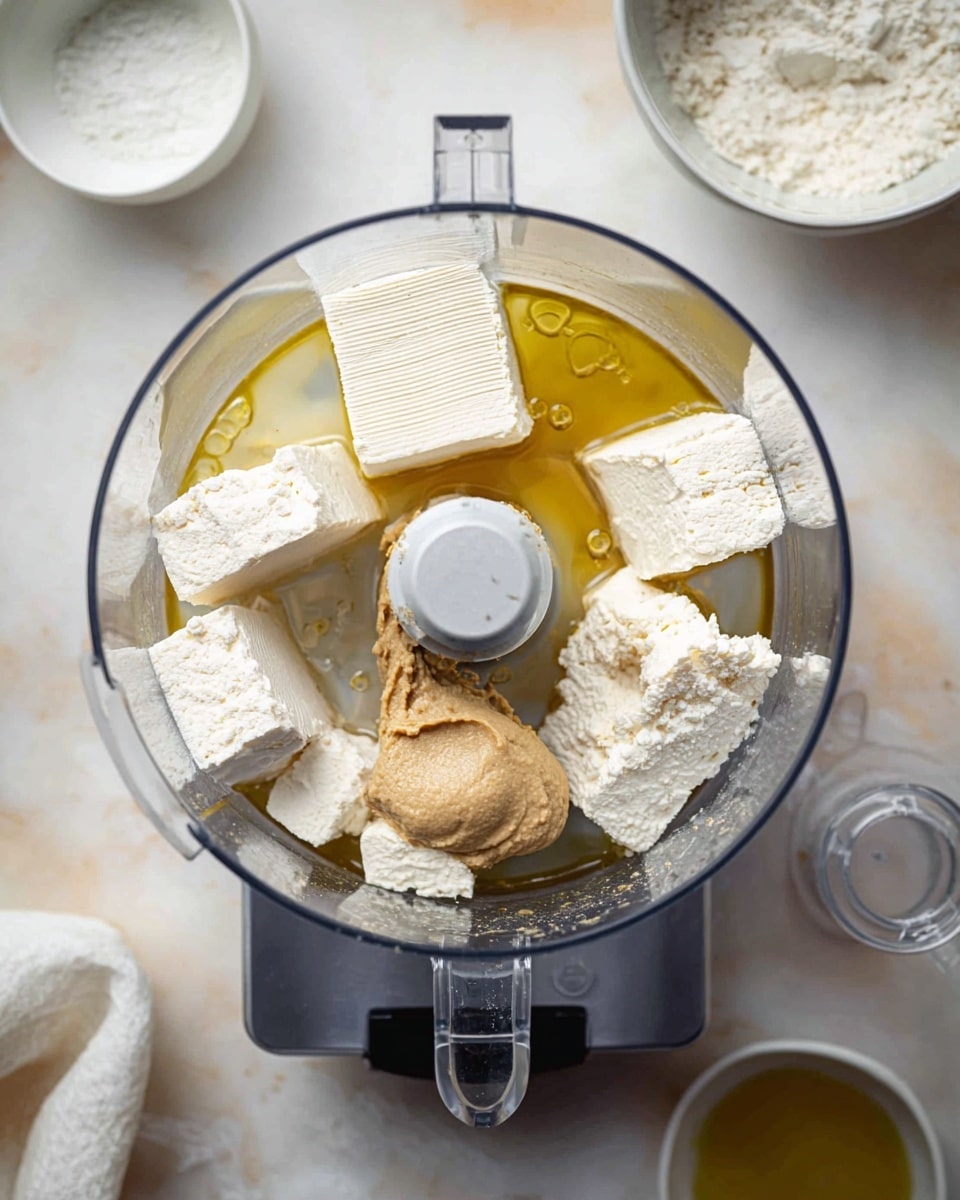 A top view of a food processor bowl containing several blocks of a crumbly white ingredient spread around the center blade, along with a light brown paste dollop on the blade, all sitting in a pool of golden liquid with small oil bubbles visible. The clear plastic bowl is placed on a silver base, resting on a white marbled surface. Around the food processor, there are partially visible small white bowls, one containing a white powder and another with a white cloth. Photo taken with an iphone --ar 4:5 --v 7