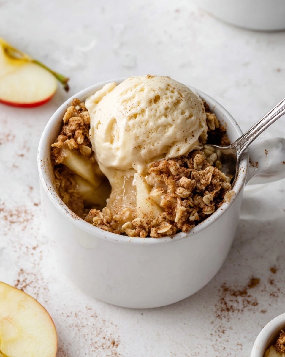 A white mug filled with a warm dessert composed of soft, pale apple slices at the bottom, topped with a crumbly, golden brown oat and cinnamon mixture covering most of the surface, and a scoop of light creamy beige vanilla ice cream melting slightly and blending into the crumble. A silver spoon is placed inside the mug, leaning outwards. The mug sits on a white marbled surface with a few fresh apple slices and powdered cinnamon scattered around. Photo taken with an iphone --ar 4:5 --v 7