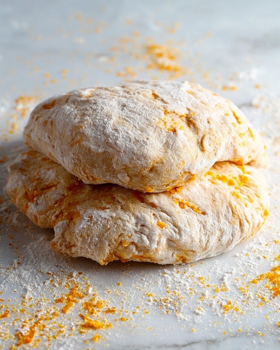Two pieces of dough stacked on top of each other rest on a white marbled surface dusted with flour. The dough has a rough texture with visible orange spots mixed inside, giving it a slightly uneven, rustic look. The flour is scattered lightly around the dough, and some small orange bits are also visible on the surface nearby. Photo taken with an iphone --ar 4:5 --v 7