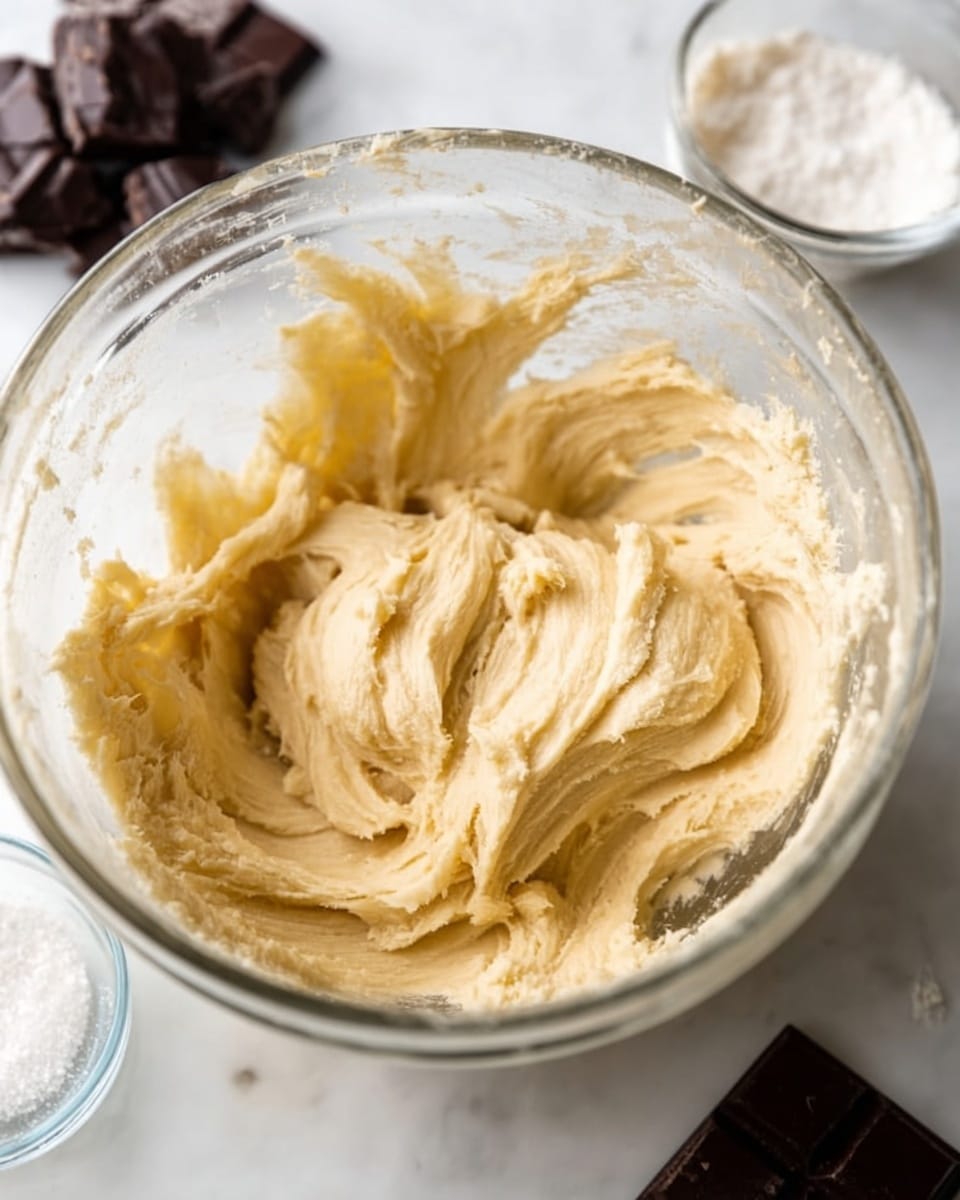 The image shows a glass mixing bowl filled with smooth, light beige cookie dough. The dough has a creamy texture with soft folds and swirls created by mixing, clinging slightly to the inside edges of the bowl. The bowl sits on a white marbled textured surface. In the background, there are pieces of dark chocolate and a small glass bowl with white granulated sugar. Photo taken with an iphone --ar 4:5 --v 7