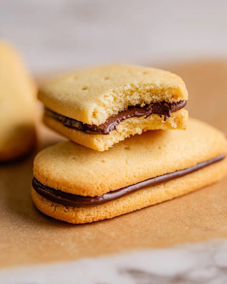 The image shows two light golden rectangular cookies stacked on a brown paper with one cookie lying flat and the other resting on top but slightly tilted, revealing a smooth, dark brown chocolate filling layer in between. The cookies are soft textured with small air holes visible on the surface. The top cookie has a bite taken out of one corner, showing the thickness and crumbly inside of the cookie along with the chocolate filling spread evenly across the middle. The background is blurred with a soft white marbled texture. Photo taken with an iphone --ar 4:5 --v 7