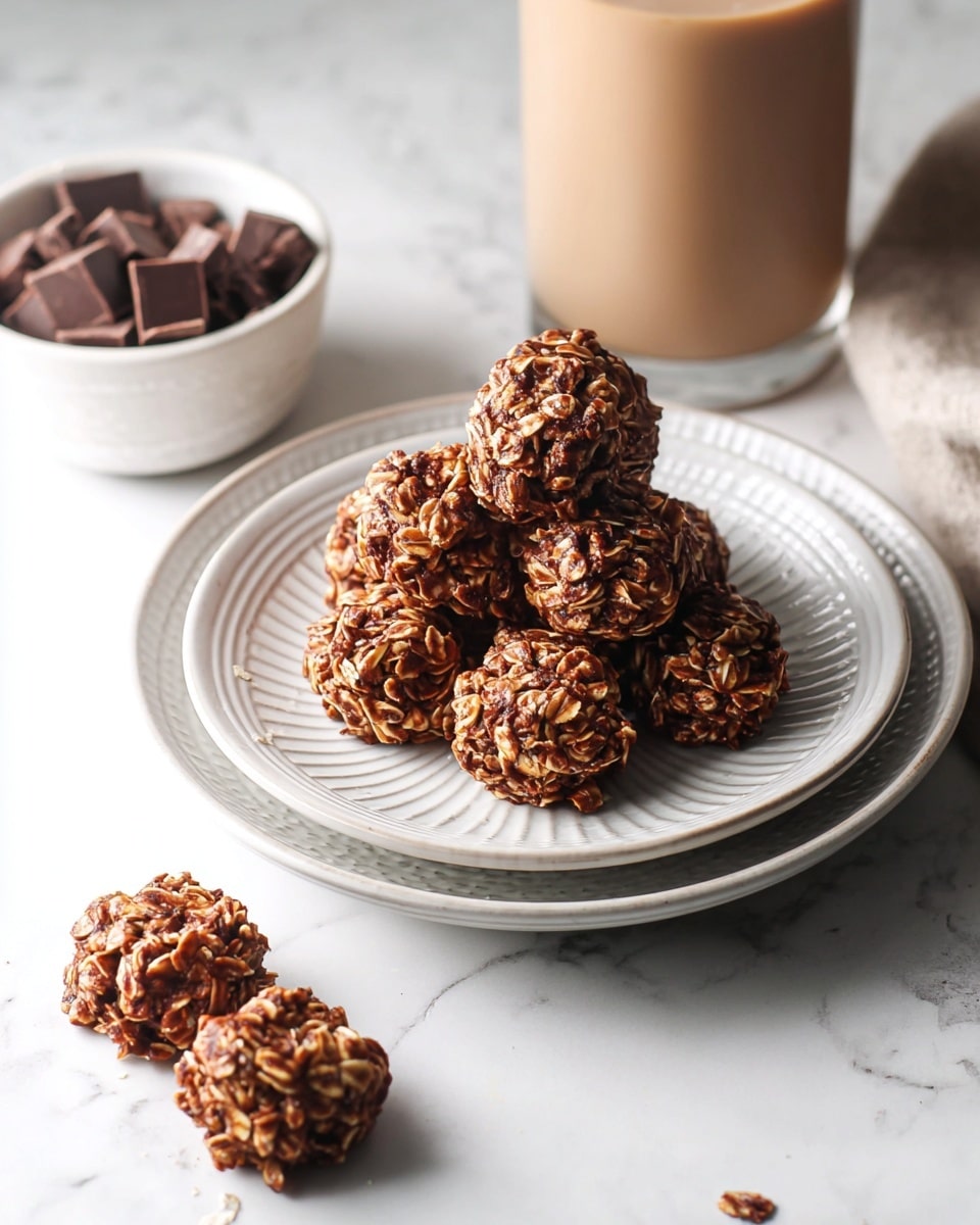 The image shows a white ridged plate stacked on a larger white ridged plate, both resting on a white marbled surface. On the top plate, there are eleven round clusters made of oats and a chocolatey mix, with a rough, chunky texture and a mix of dark brown and light tan colors. Nearby, on the surface, are two more of these oat clusters. In the background, there is a small white bowl filled with dark brown chocolate chunks and a tall glass partially visible filled with a light brown drink. Photo taken with an iphone --ar 4:5 --v 7