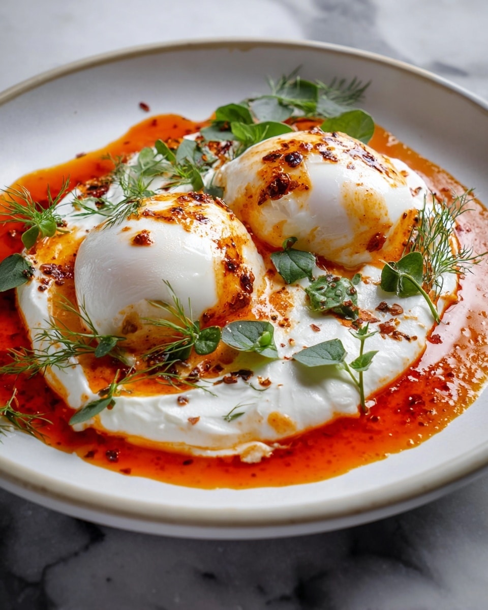 The dish shows two white poached eggs placed close together on a thick layer of creamy white yogurt spread evenly in a wide white plate. There is a bright orange-red sauce with a slightly oily texture drizzled around and on top of the eggs, with small bits of spices in the sauce. Fresh green herb leaves and sprigs are scattered around the sauce for decoration. The plate sits on a white marbled surface. photo taken with an iphone --ar 4:5 --v 7