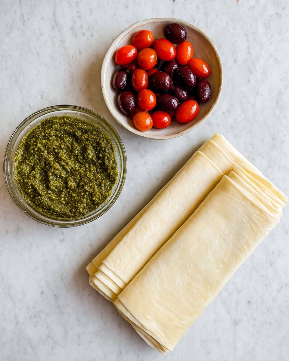 The image shows three items arranged on a white marbled surface: a glass bowl at the top left filled with thick, green pesto sauce with a textured uneven look; a white bowl below it filled with small red and dark purple cherry tomatoes, shiny and smooth; and to the right, a neat stack of light beige puff pastry sheets folded and layered on top of each other with a soft, slightly wrinkled texture. photo taken with an iphone --ar 4:5 --v 7