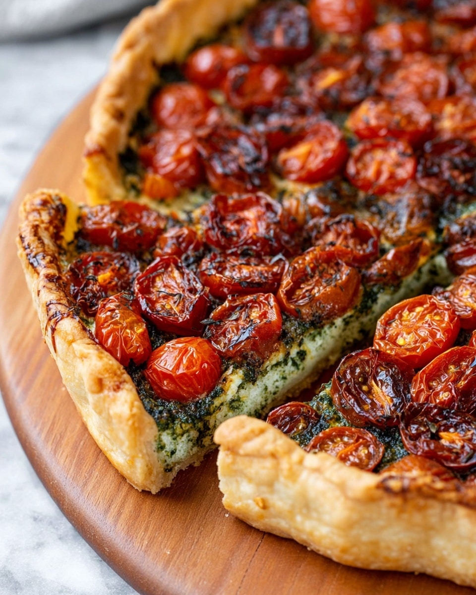 A close-up view of a tomato tart with three main layers shown on a wooden board over a white marbled texture. The thick outer crust is golden-brown, flaky, and slightly puffed with some darker toasted spots. Inside, there is a dark green herb spread layer that looks soft and finely textured. On top, a dense layer of halved cherry tomatoes in bright red and deep red shades is spread evenly, with some tomatoes slightly darker and wrinkled from baking. One slice is slightly lifted, revealing the layers and the tart’s thickness. Photo taken with an iphone --ar 4:5 --v 7