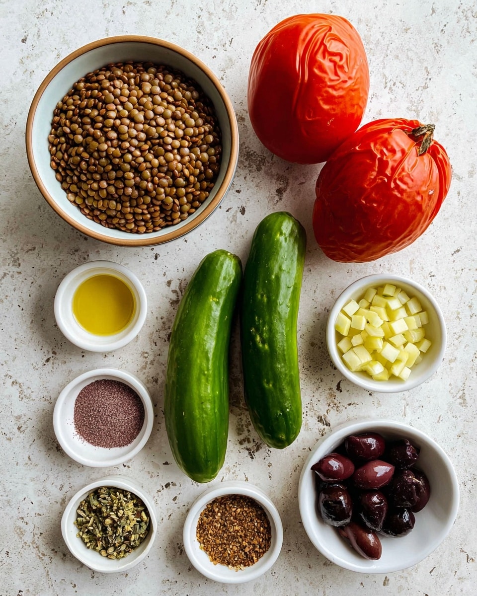 The image shows a top view of various fresh ingredients arranged neatly on a white marbled surface. At the top center, there is a medium-deep bowl filled with shiny brown lentils. To the right side, two bright red, wrinkled heirloom tomatoes are placed one above the other, and below them, a whole dark green cucumber lies horizontally. Near the center left are two glossy green peppers placed side by side. Surrounding these main items are small white bowls containing different ingredients: one with dark purple olives at the bottom right, another with light yellow chopped pieces at the bottom left, one with a mix of green and brown spices near the center, a bowl with purple powder to the left, and a small bowl of golden olive oil near the top left. All items create a colorful and fresh layout, photo taken with an iphone --ar 4:5 --v 7