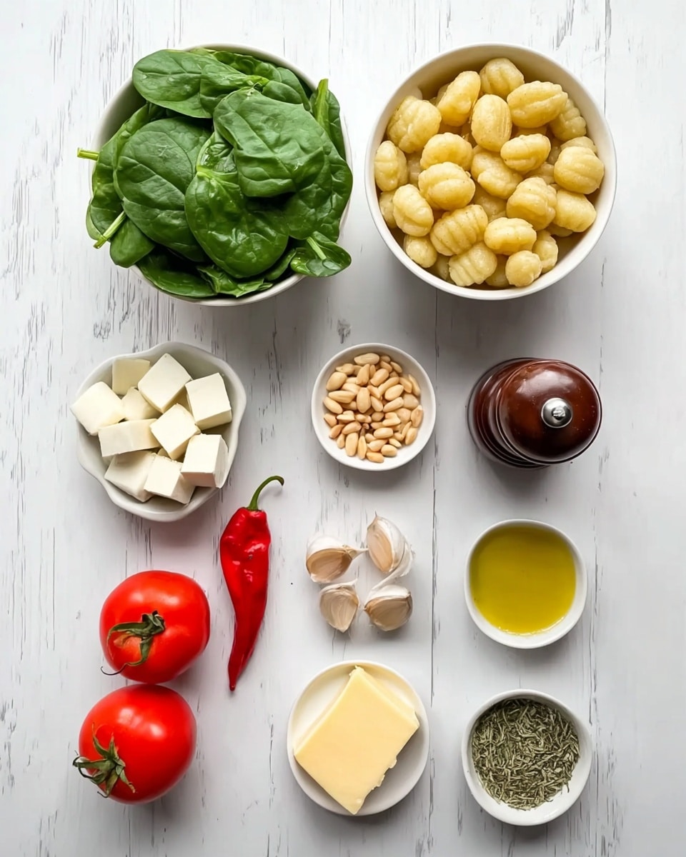 The image features several small white bowls and loose ingredients arranged neatly on a white marbled surface. At the top left, a white bowl is filled with fresh green spinach leaves, and next to it on the right is a white bowl packed with small, round gnocchi pieces that are pale yellow. Below them, from left to right, are white cubes of cheese in a small white bowl, a dark brown pepper grinder, and a small white bowl containing pine nuts. At the bottom left, there are two red tomatoes and three cloves of garlic next to a red chili pepper. At the very bottom, from left to right, small white bowls hold a pale yellow butter cube, bright yellow olive oil, and dried green herbs. The photo is taken with an iphone --ar 4:5 --v 7