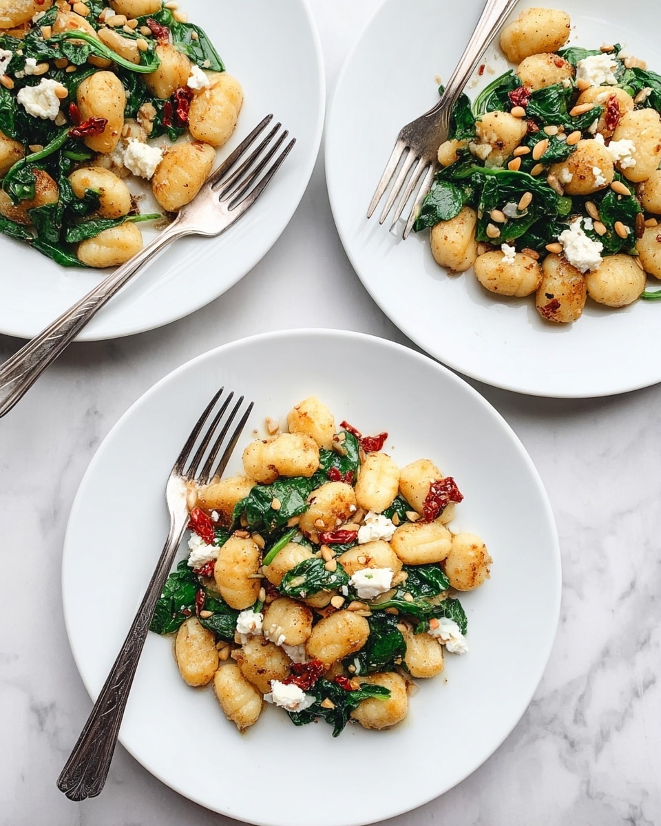 The image shows three white plates with golden-brown gnocchi pieces as the main layer, well cooked with a slightly crispy texture. Mixed in and on top of the gnocchi are bright green spinach leaves that look fresh and slightly wilted, along with small white chunks of soft cheese scattered unevenly. There are also small red pieces, likely sun-dried tomatoes, adding contrast and texture throughout. A few pine nuts are sprinkled around, giving a bit of texture variation. Two forks rest on two of the plates, placed diagonally over the food. The dishes are set on a white marbled surface, and the photo has a bright and clean look with natural light. photo taken with an iphone --ar 4:5 --v 7