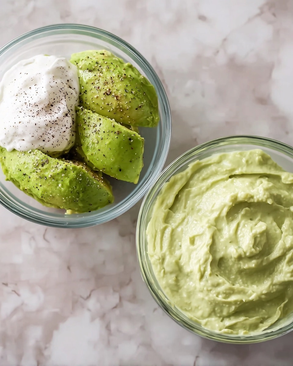 Two clear glass bowls sit side by side on a white marbled surface. The left bowl has three green avocado pieces sprinkled with black pepper and salt, topped with a dollop of white creamy yogurt or sour cream. The right bowl shows the avocado mix blended into a creamy light green dip with a smooth but slightly chunky texture, filling the bowl almost to the edges. photo taken with an iphone --ar 4:5 --v 7