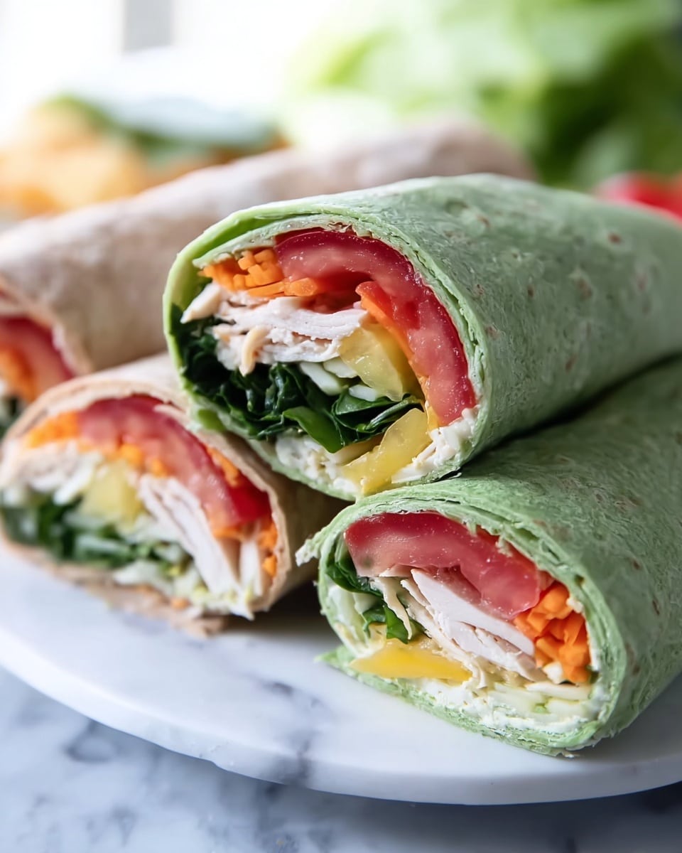 The image shows three wraps stacked on a white plate with a white marbled surface underneath. The wraps have two types of tortillas: one green and one light brown. Inside each wrap, there are clear layers of fresh vegetables including bright red tomato slices, green spinach leaves, shredded light orange carrot, light yellow mango chunks, and thin white slices of chicken meat. The wraps are tightly rolled, showing the colorful vegetable layers clearly from the cut ends. The background is softly blurred. Photo taken with an iphone --ar 4:5 --v 7