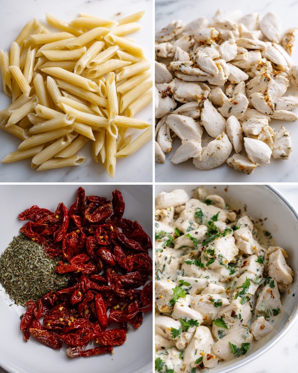 The image shows a four-step process of making a chicken pasta dish. The first layer is plain cooked penne pasta, light cream in color, piled up closely together. The second layer consists of small pieces of cooked chicken, white with slight brown seared edges, spread out evenly. The third layer shows dried red tomatoes and heaps of dried green herbs resting on a white marbled surface. The final layer is a white bowl where the cooked chicken pieces and penne pasta meet creamy white sauce with green parsley leaves sprinkled around. photo taken with an iphone --ar 4:5 --v 7
