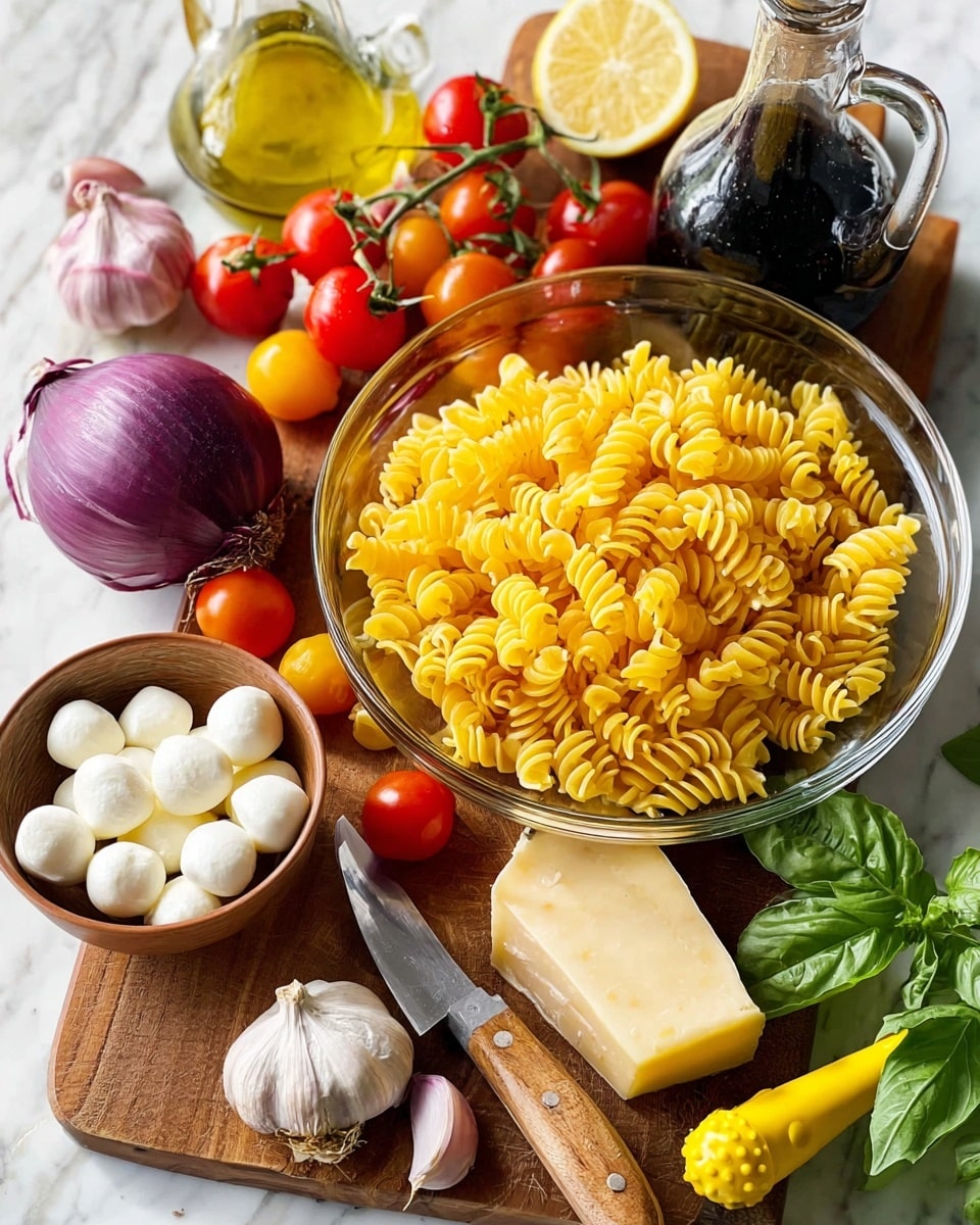 A clear glass bowl filled with dry yellow spiral pasta sits in the center of a wooden board on a white marbled surface. Around the bowl, there are bright red and yellow cherry tomatoes on green stems, a whole purple onion with some sliced rings next to a knife with a wooden handle, a bulb of garlic with loose cloves, two lemon halves, a wedge of pale yellow cheese, and a small brown bowl filled with white mozzarella balls. A glass bottle of dark balsamic vinegar and a glass jug of light olive oil are placed nearby, along with a yellow lemon squeezer at the bottom edge. Fresh green basil leaves peek from the top right corner. Photo taken with an iphone --ar 4:5 --v 7