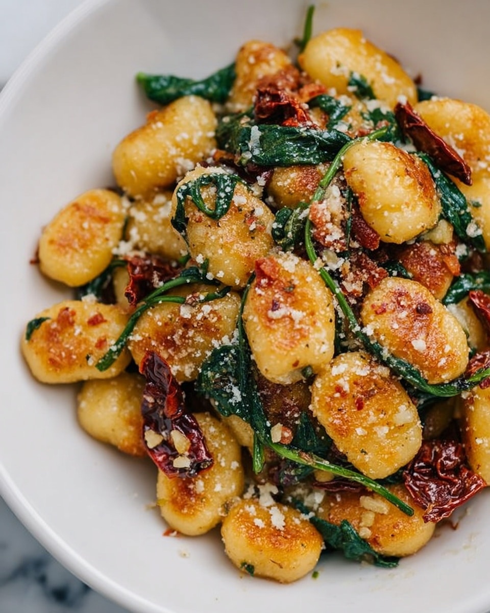 The dish shows a close-up of small, golden-brown gnocchi pieces with a slightly crispy texture on the outside. Mixed in are wilted green spinach leaves and dark red sun-dried tomato slices, adding color contrast. The gnocchi and vegetables are sprinkled with small bits of white grated cheese. All of this is served in a white bowl on a white marbled surface. The lighting highlights the warm tones of the gnocchi and the fresh green and red colors of the spinach and tomatoes. photo taken with an iphone --ar 4:5 --v 7